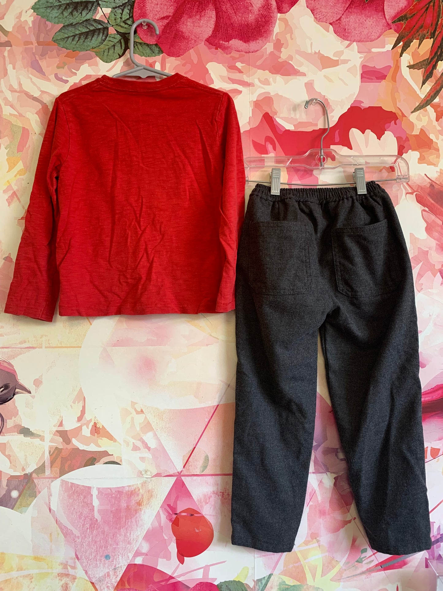 Baby Gap red Superhero long sleeve shirt with Superman, Green Lantern, Batman, Green Arrow, Wonder Woman, The Flash, Hawkman. Zara grey elastic snap waist cotton pants. Size 4T / 5T