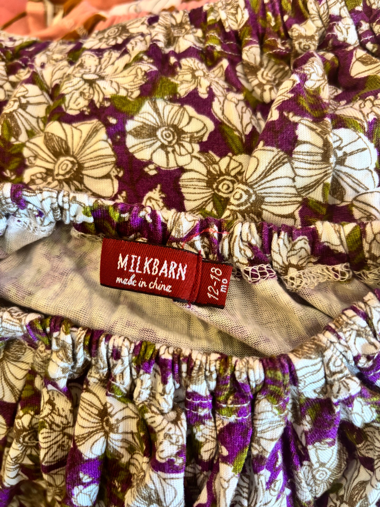 Milk barn purple, cream & green flowery short sleeve top & shorts. Size 12-18m.