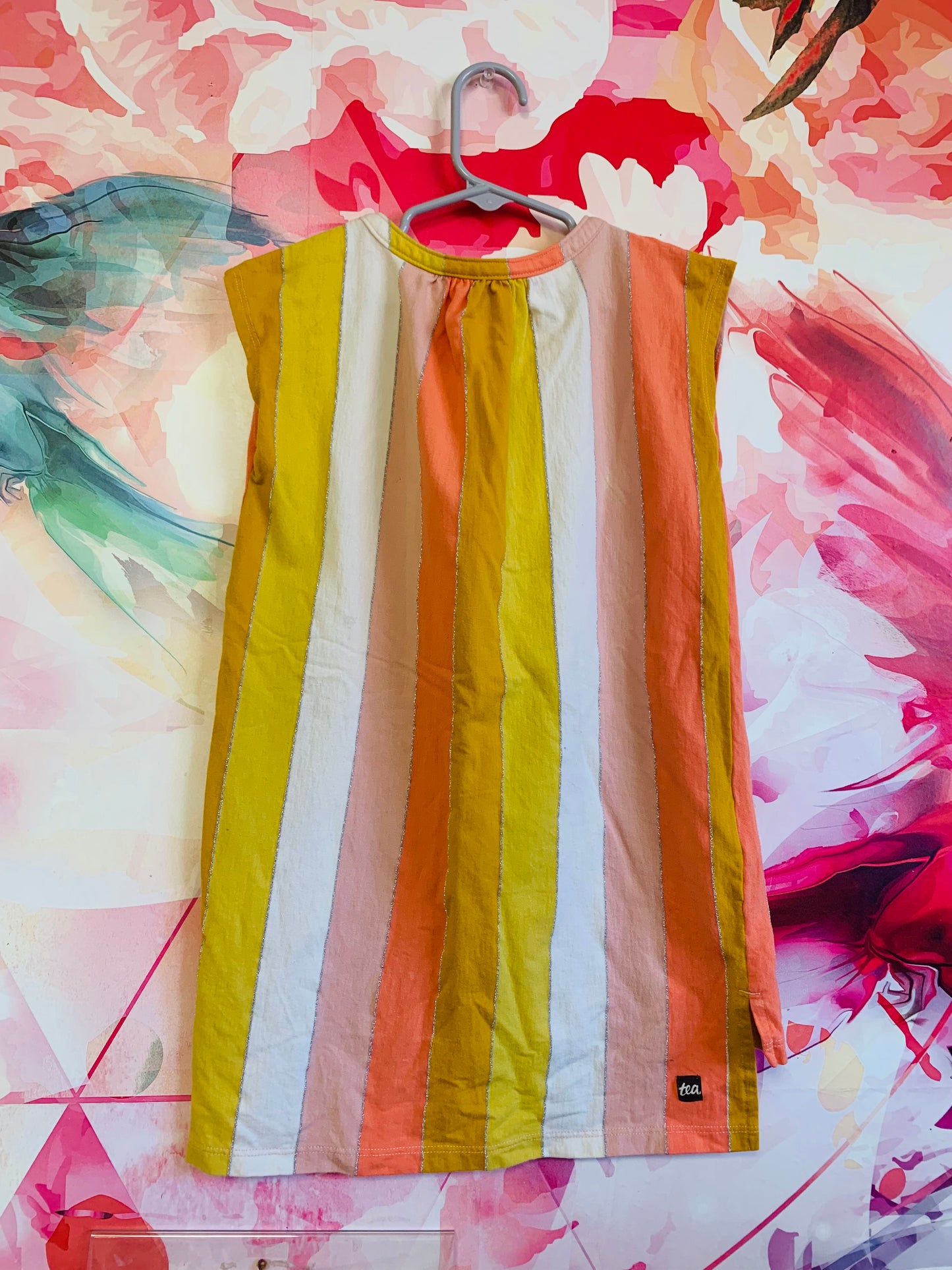 Tea Collection yellow, orange, beige, ivory, silver stripe sleeveless shirt dress. Size 4T