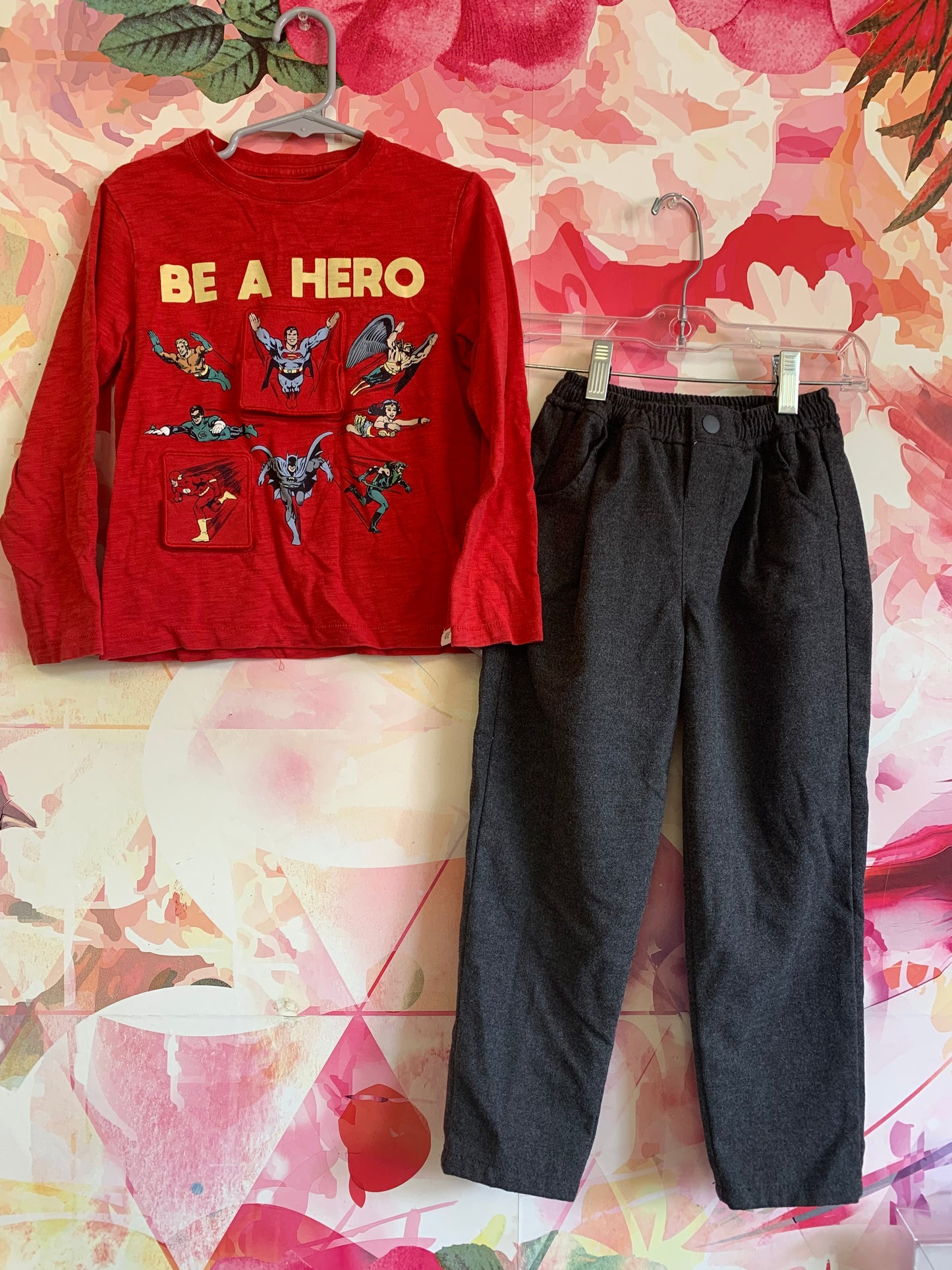 Baby Gap red Superhero long sleeve shirt with Superman, Green Lantern, Batman, Green Arrow, Wonder Woman, The Flash, Hawkman. Zara grey elastic snap waist cotton pants. Size 4T / 5T
