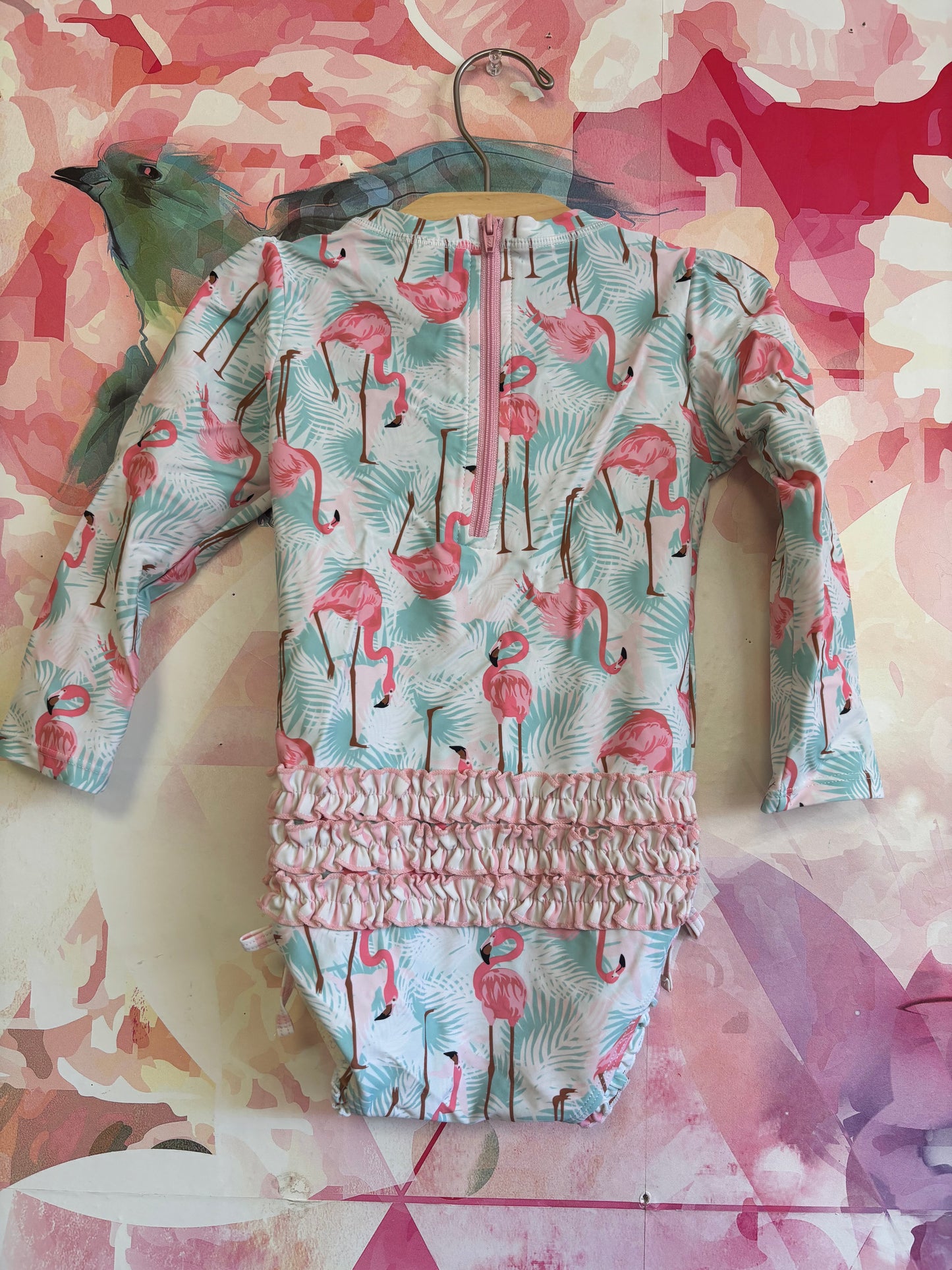 Ruffle Butts pink & blue flamingo one piece swimsuit. Size 3T.