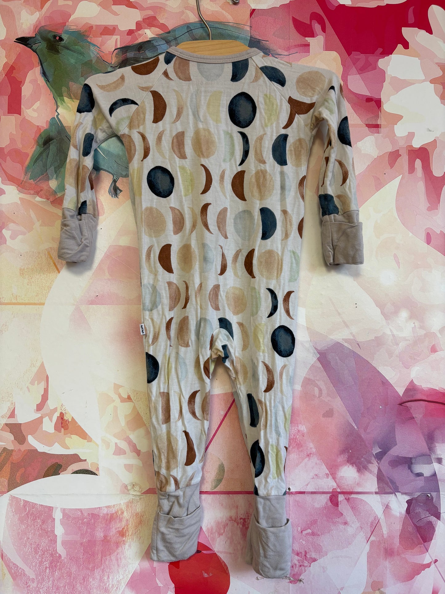 Little Sleepies cream romper with brown, blue, green moons. Fold over feet & hands. Size 3-6m