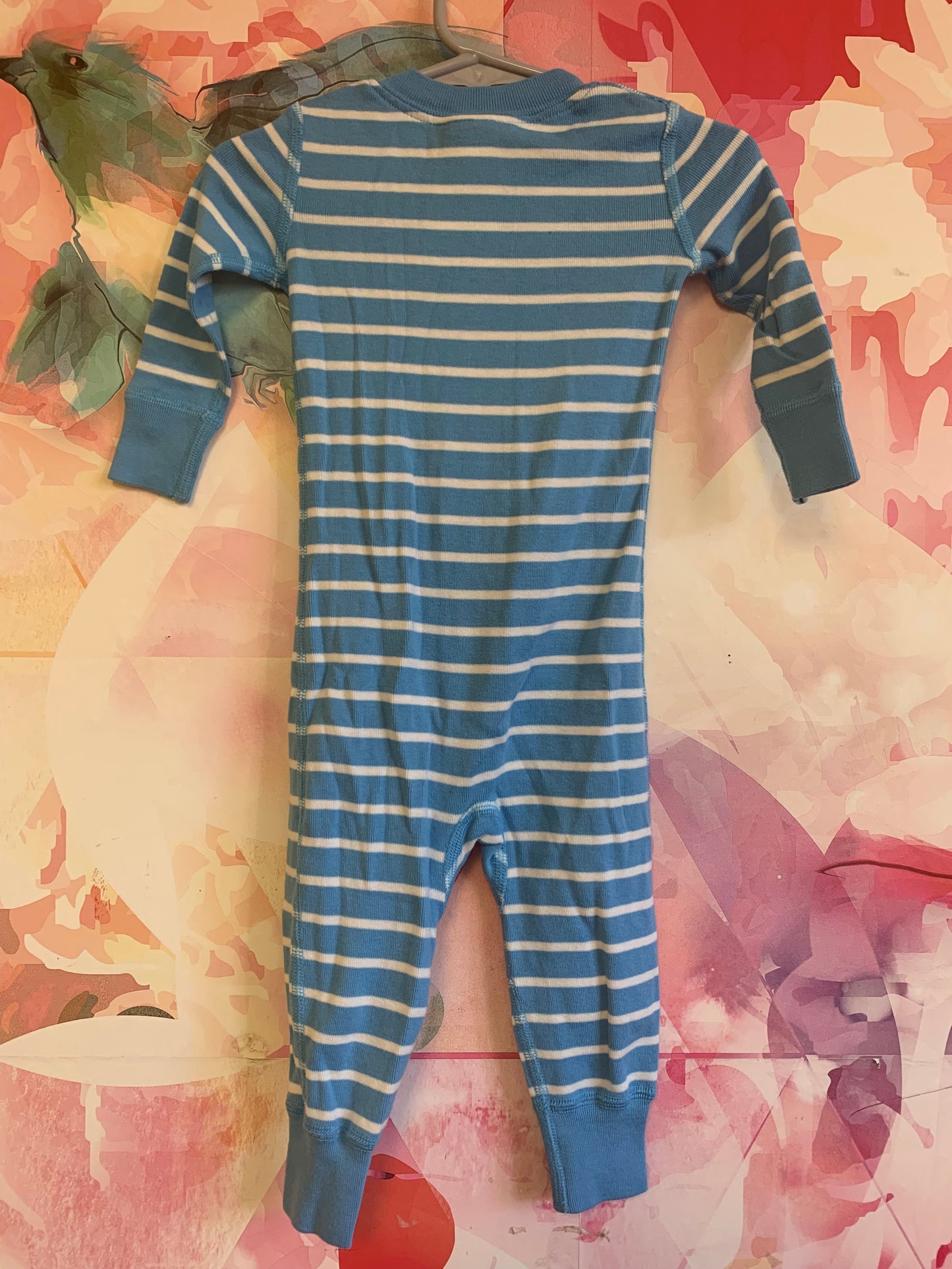 Hanna Andersson blue/white stripe long sleeve romper. Size 6-12m