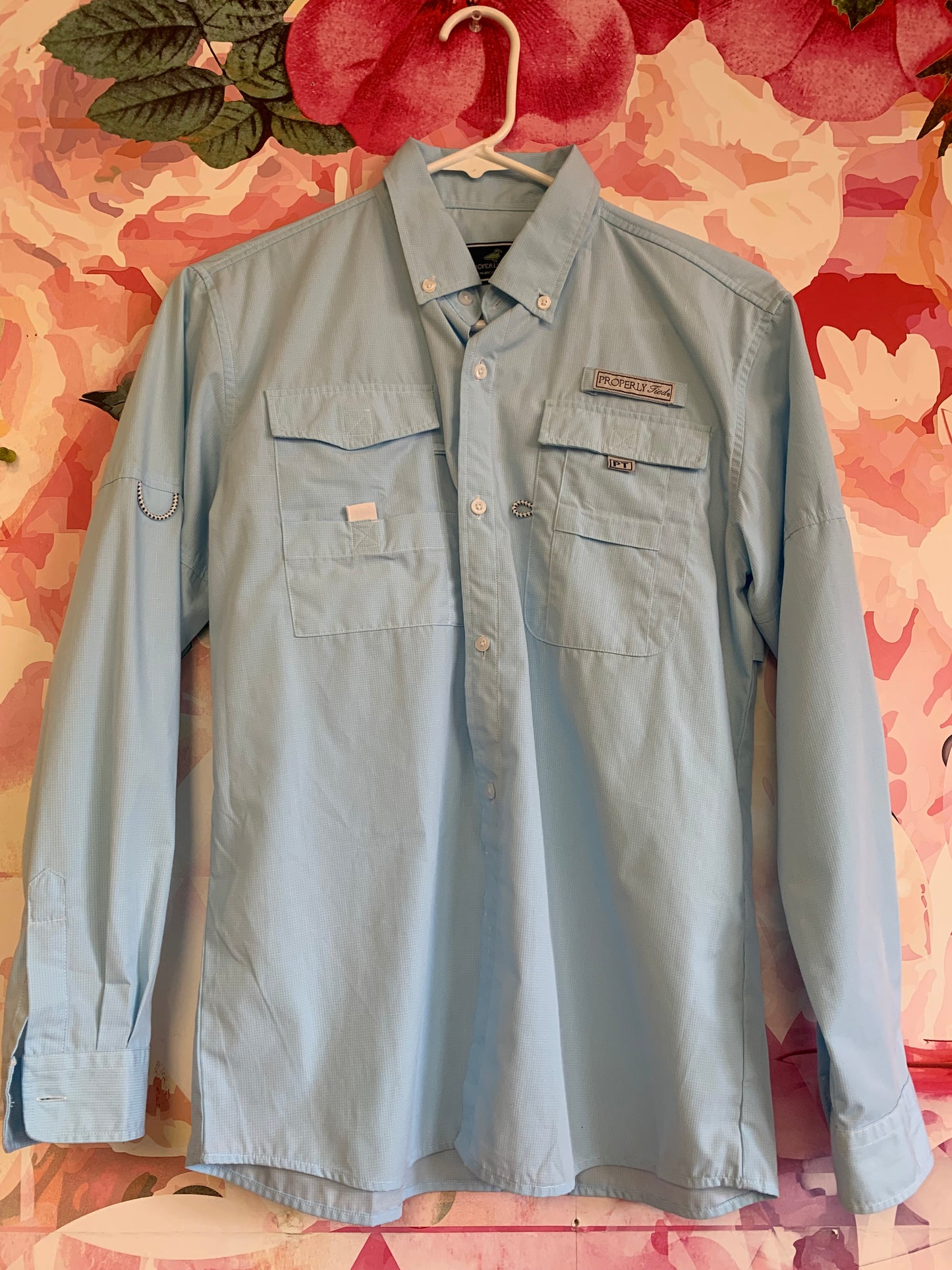 Properly Tied light blue Performance Fishing Shirt. Long sleeve button down shirt. Size 14/16.