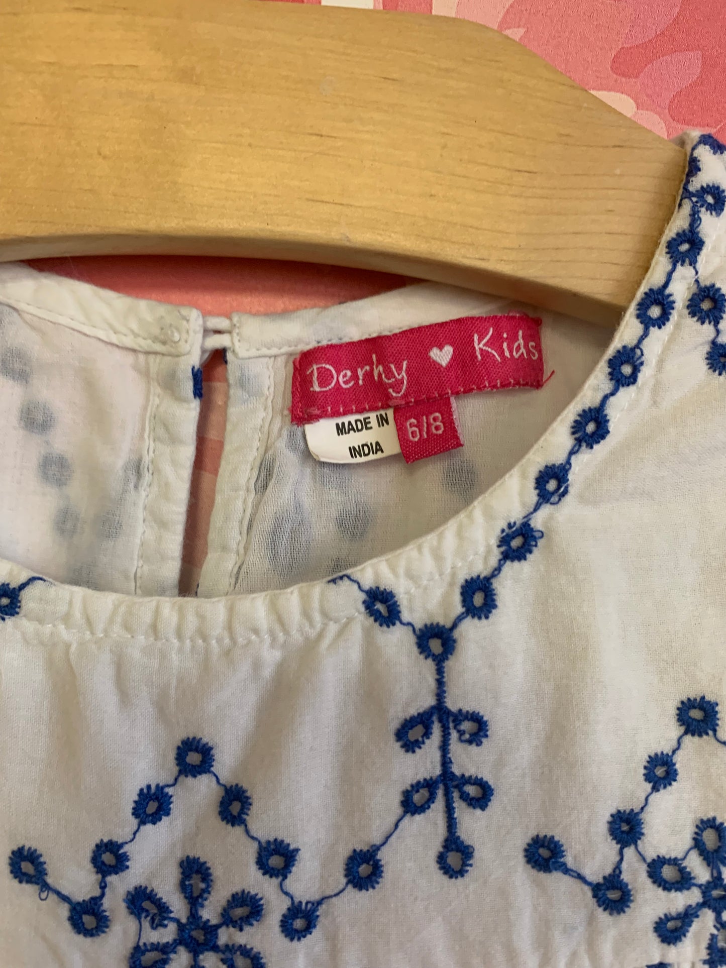 Derhy Kids white shift dress with blue embroidery. 3/4 sleeves. Size 6 / 8