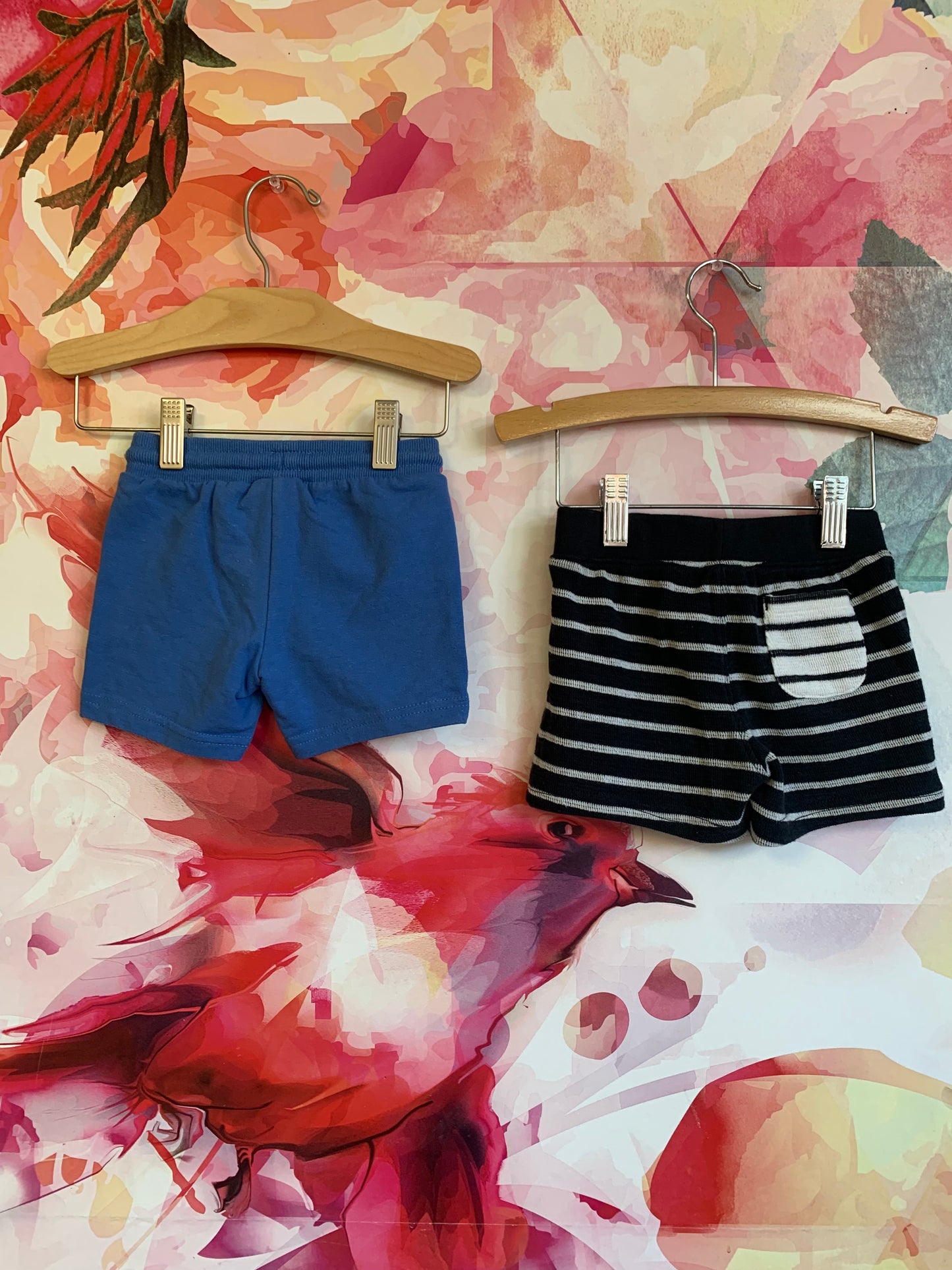 Mayoral blue cotton shorts. Baby Gap black/white stripe cotton shorts. Both Size 6-12m