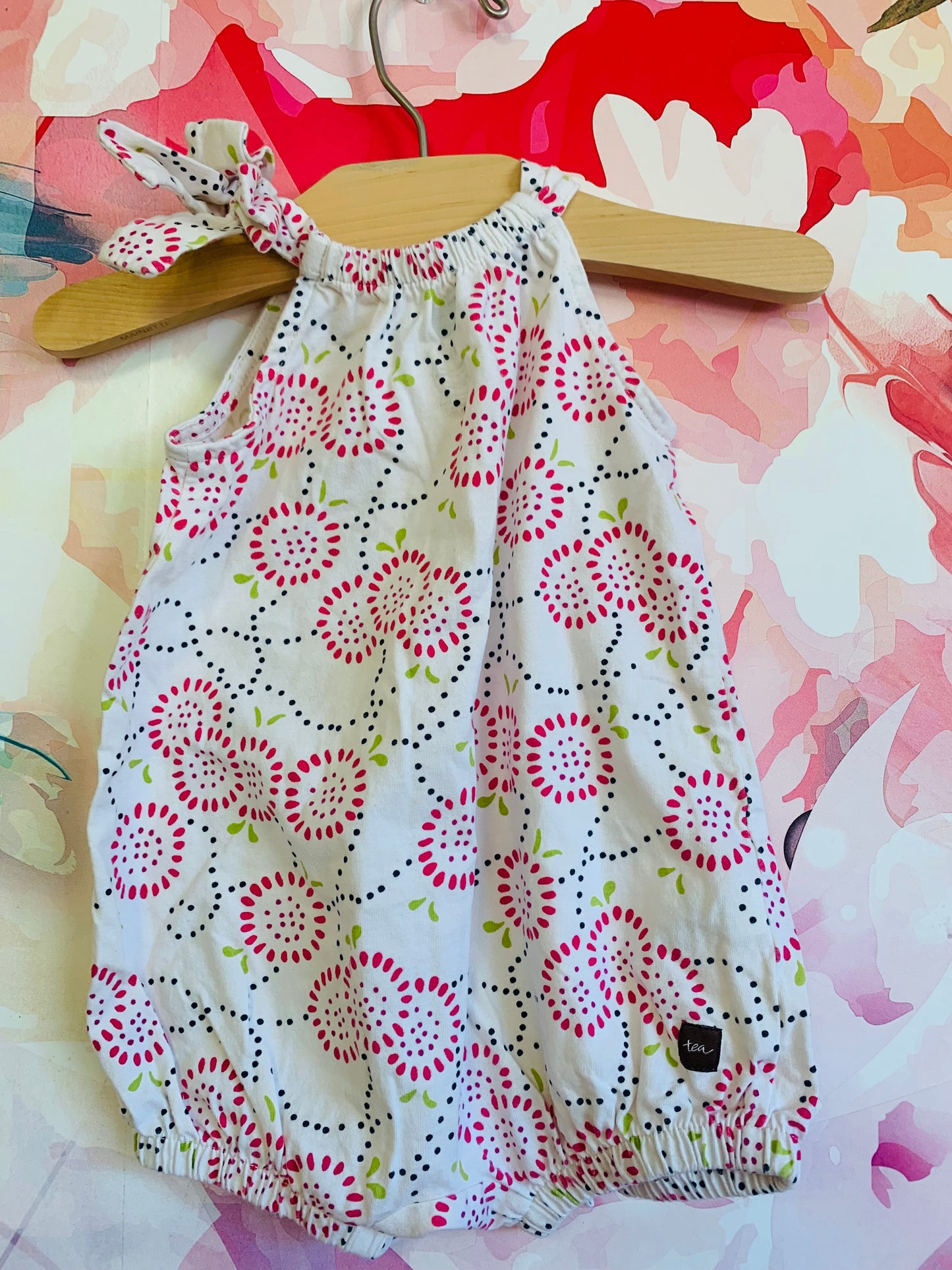 Tea Collection tie shoulder baby romper. Red blue green. Size 6-12m