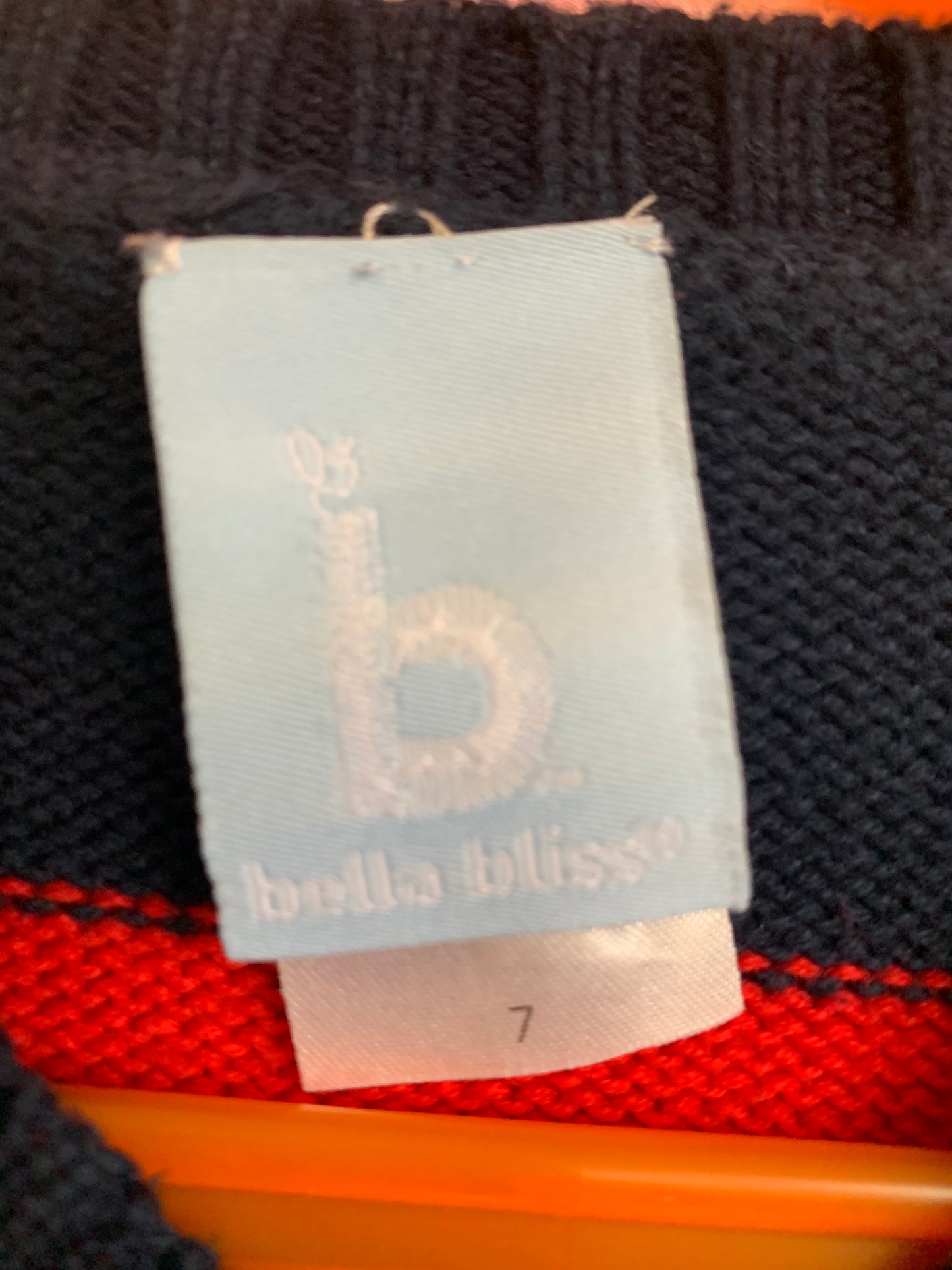 bella bliss red, blue, white stripe knot crewneck sweater with whales and shoulder buttons. Size 7