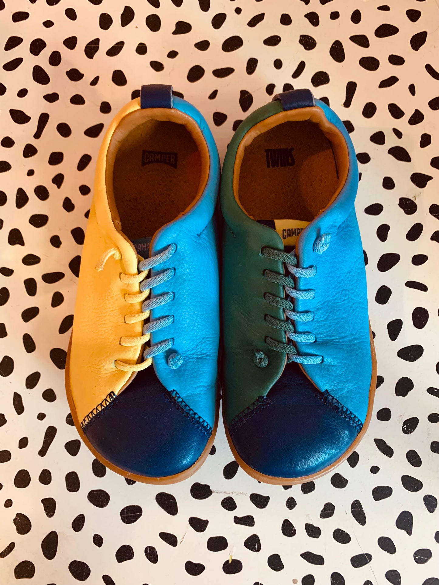 Camper Leather Shoes. Dark Blue, Light Blue, Yellow, Green. Size 1B.