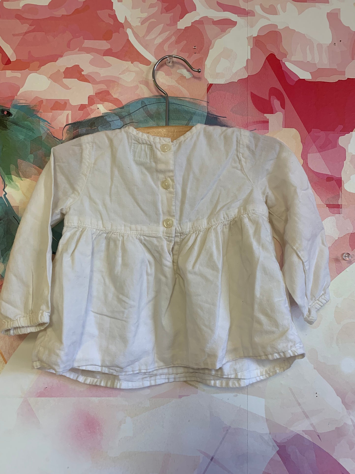 Baby Gap white long sleeve blouse with red, pink, purple flower embroidery. Size 6-12m
