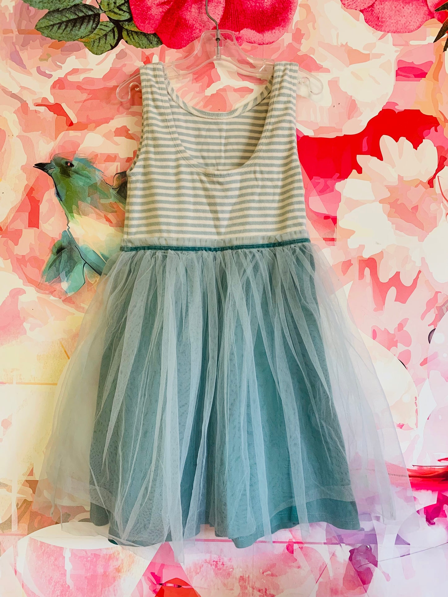 Mini Boden Jersey Tulle Mix dress. Blue & white. Tank top with low back. Size 7/8T.