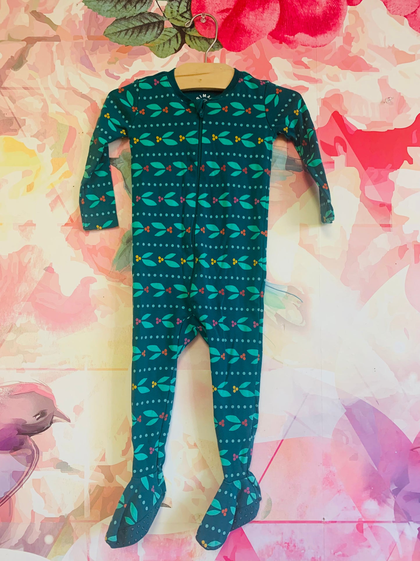 Primary green long sleeve footed romper with berry/leaf design. Grippers on bottoms of feet. Size 12-18m