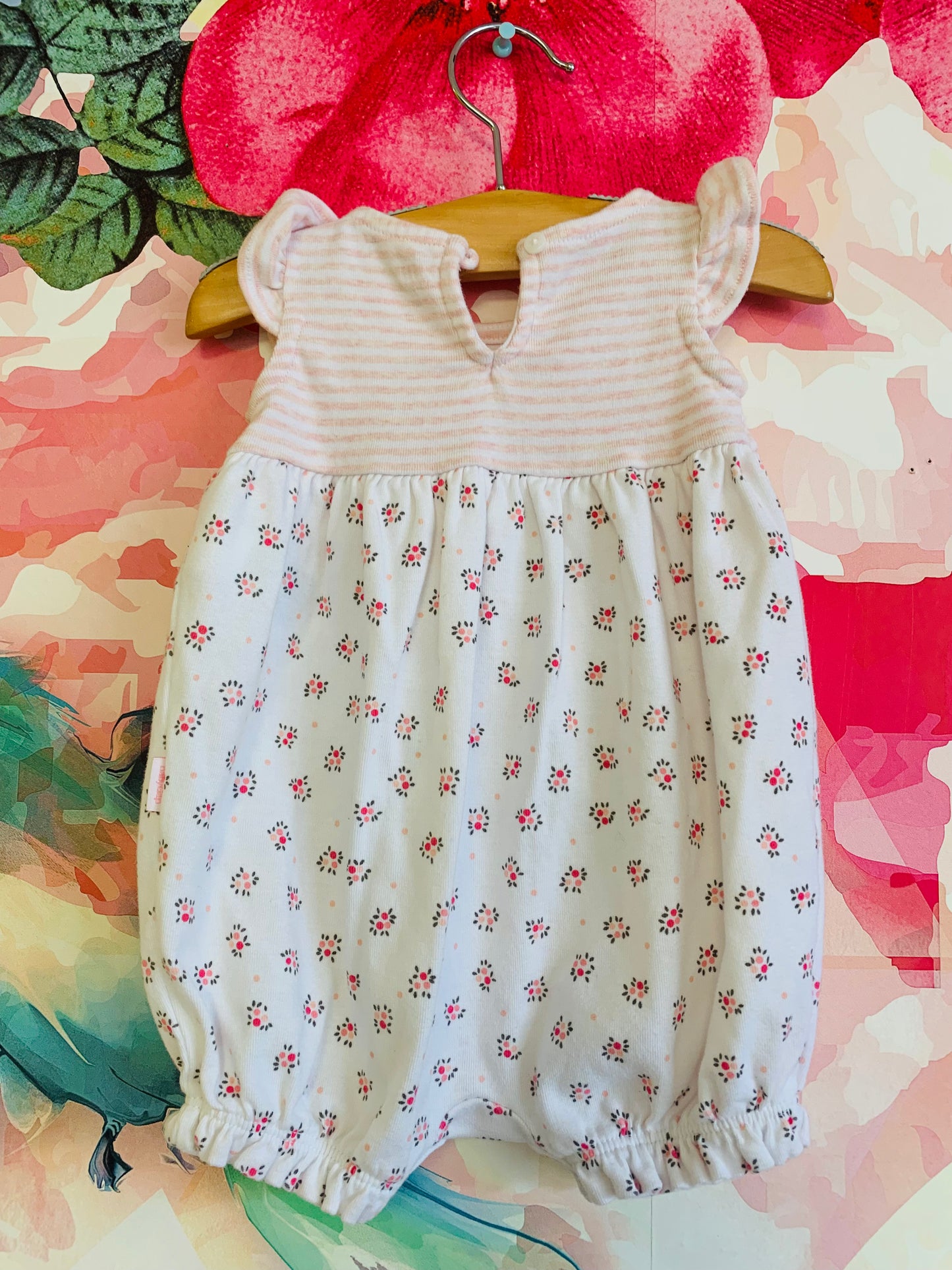 Baby Gap pink/white stripe and flowery romper. Size 3-6m.