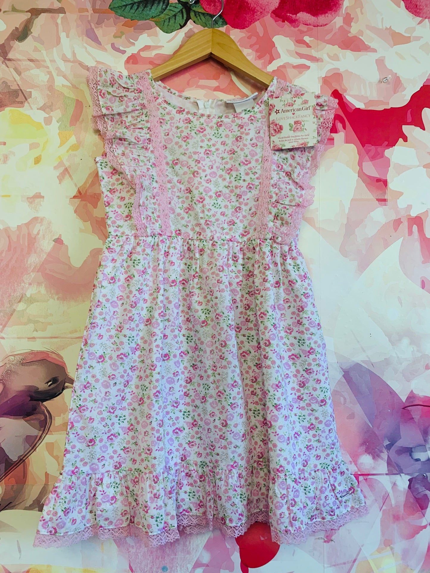 American Girl Love Shack Fancy occasion short sleeve party dress. Pink eyelet lace on sleeves & hem. White with pink flowers. Zipper & bow on back. NEW WITH TAGS. Size 8