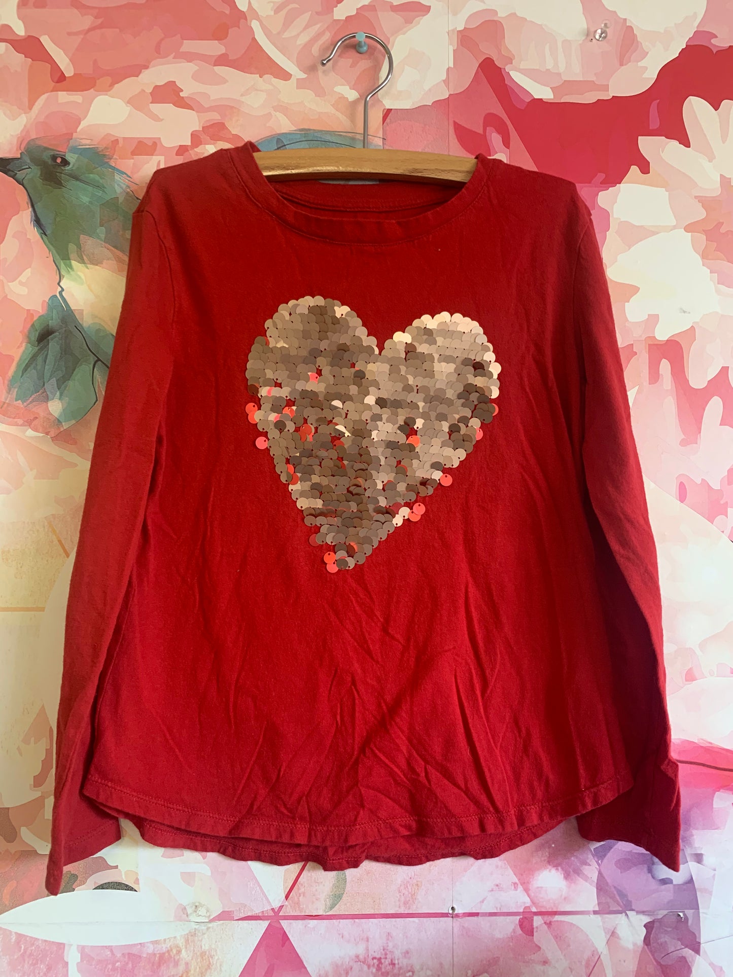 Gap kids red long sleeve shirt with gold sequin heart detail. Size 8 / Size 9