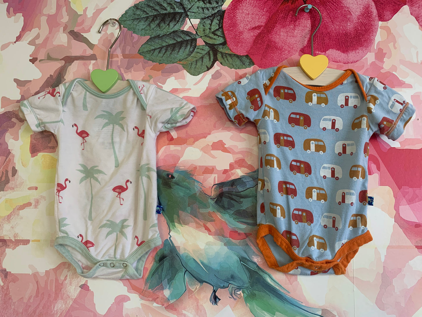 2 Kickee Pants onesies. Flamingoes & vans. Size 0-3m / NB