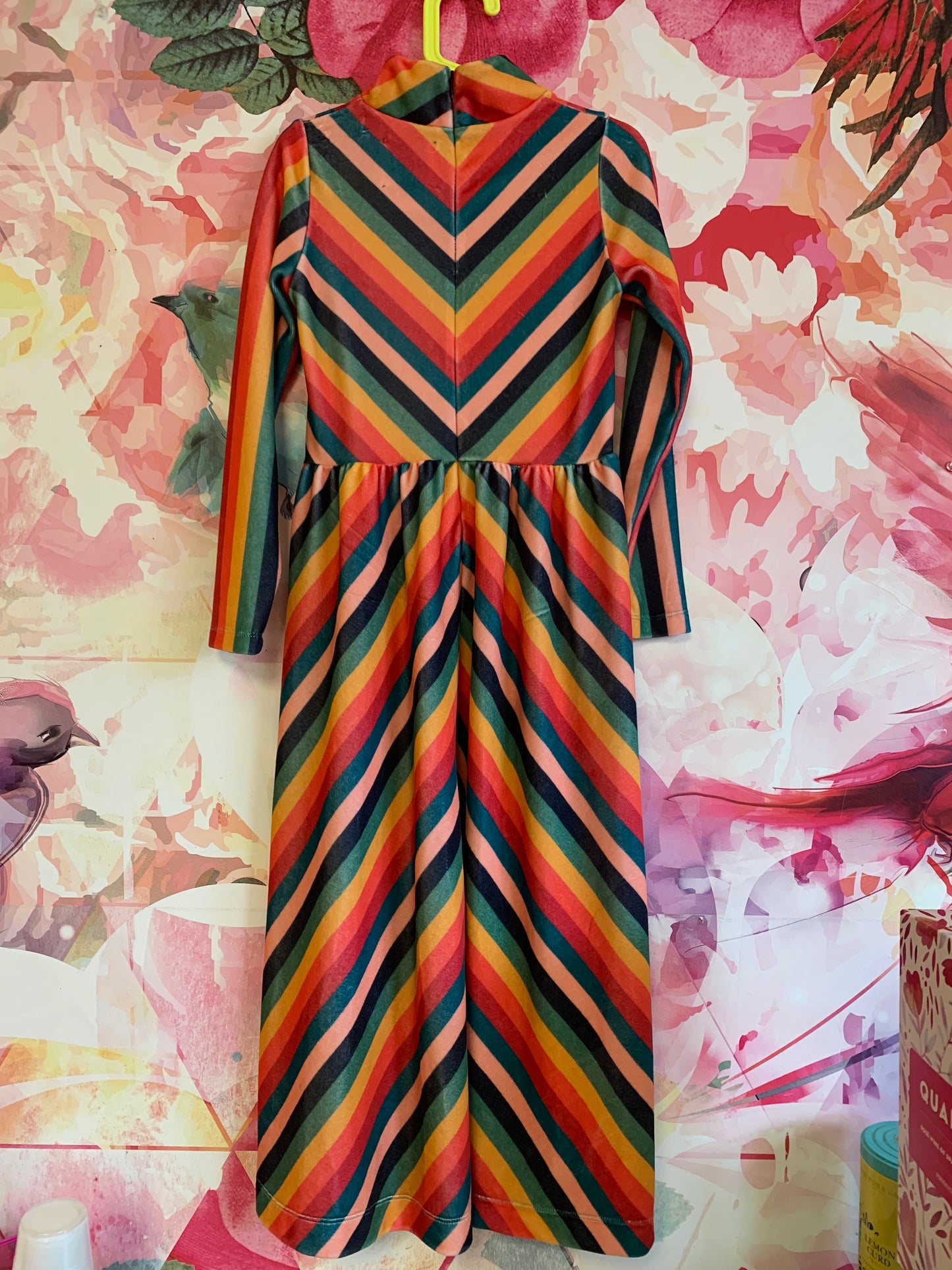 The Middle Daughter stripe long sleeve velour dress. Zip up high neck, top stitched, gathered at waist. Stripe print. Size 8/10.