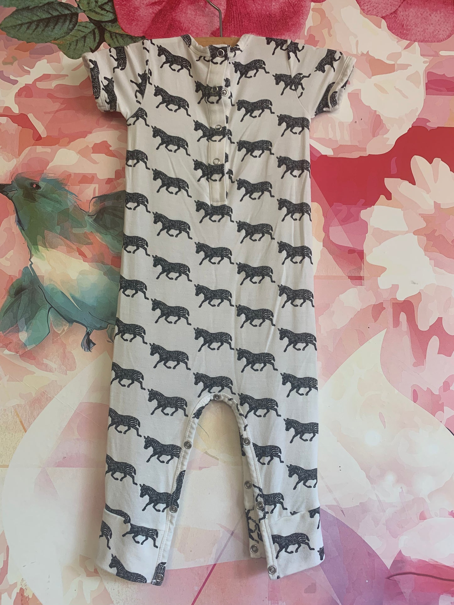 Kate Quinn black & white short sleeve romper with zebras. Size 6-12m