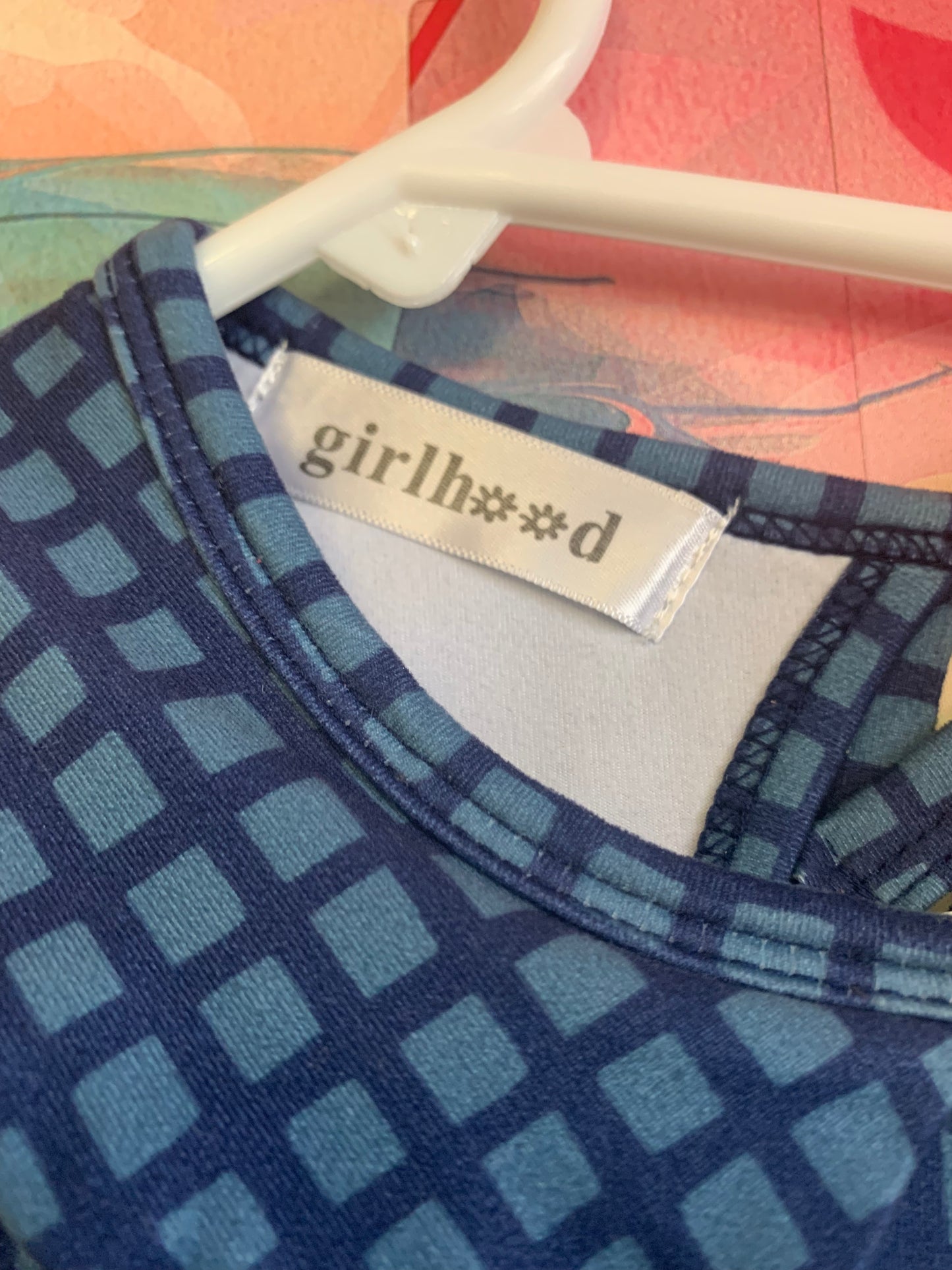 girlhood blue short sleeve dress with Peter pan collar & full skirt. Keyhole tie at back or neck. Size 4T / 5T