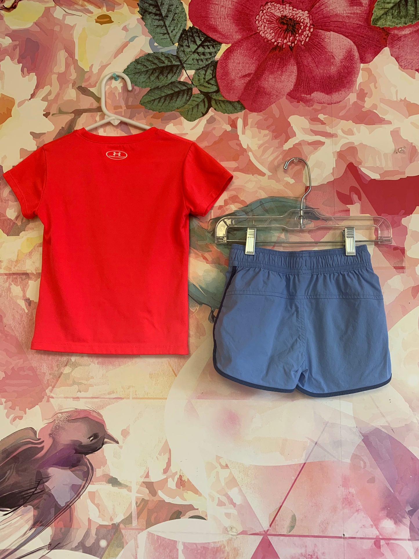 Under Armour bright neon pink heat gear T-shirt and Crewcuts blue shorts. Size 4T