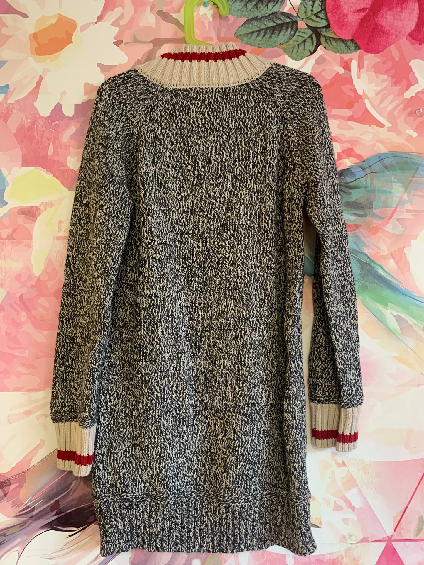 Roots Cabin black & white sweater dress with red stripe collar & wrist. Front hand pocket. Size 9 / Size 10
