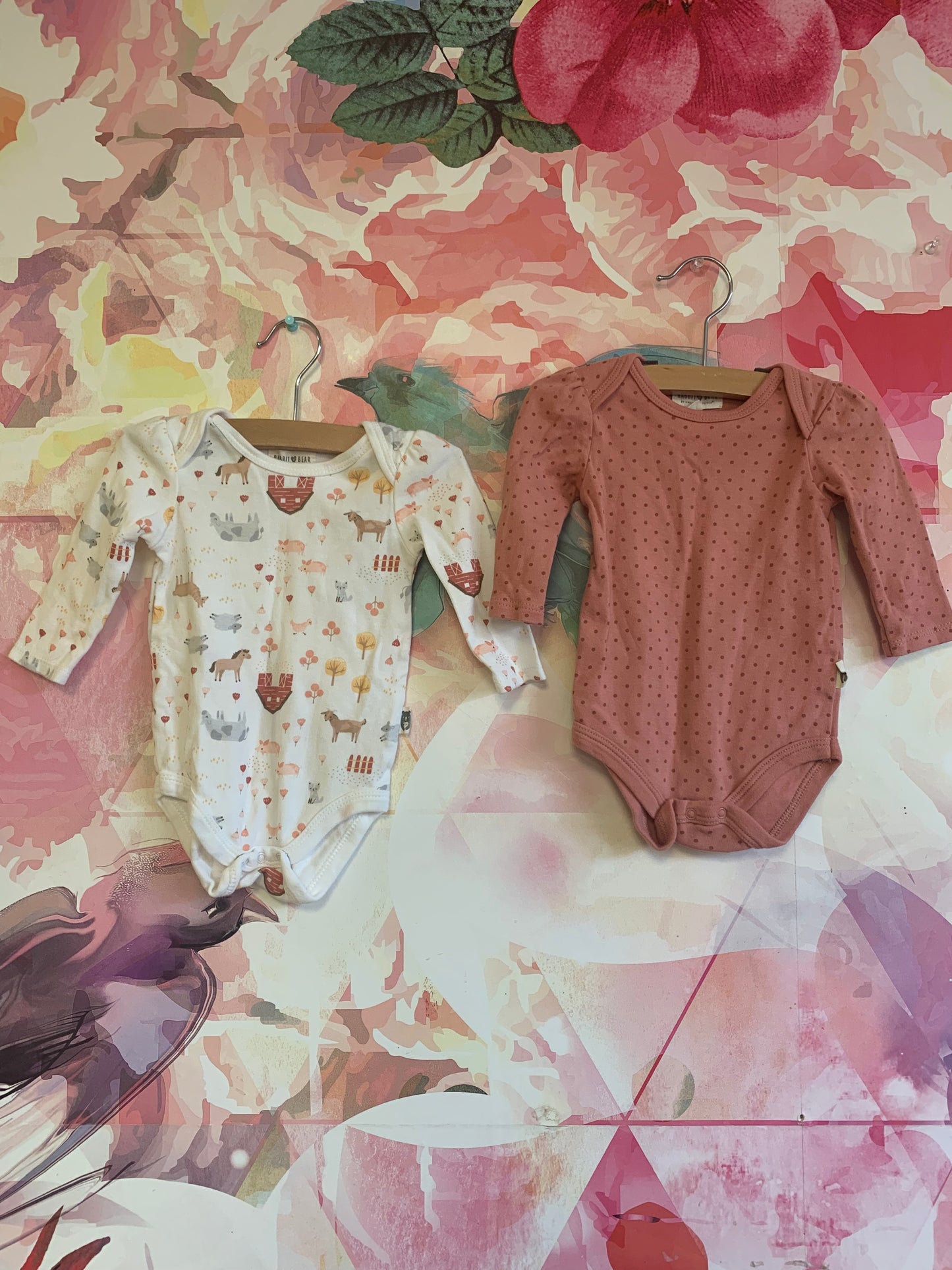 Rabbit & Bear long sleeve onesies. Pink with polka dots & white with farm animals & barns. Size 3-6m