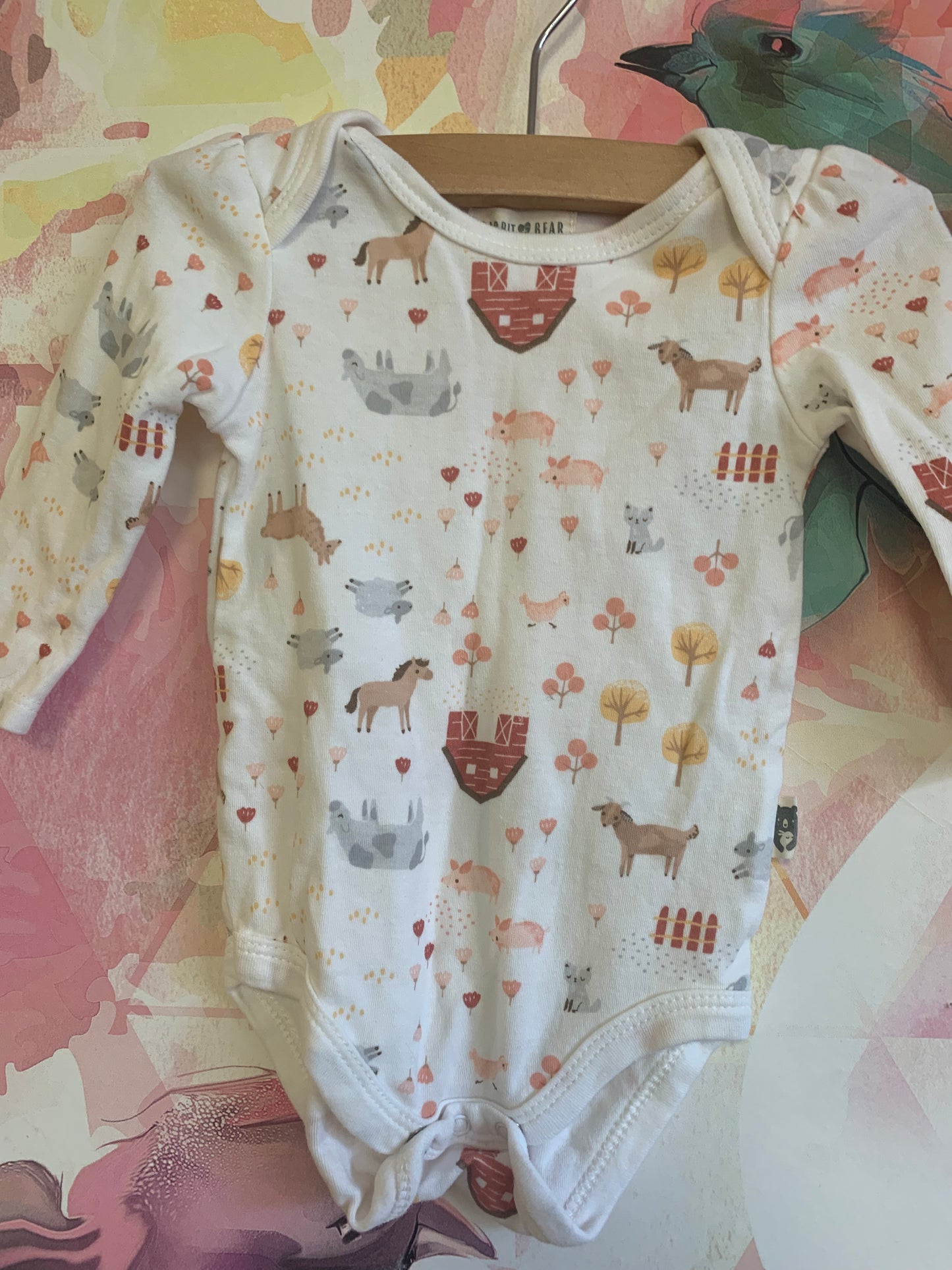 Rabbit & Bear long sleeve onesies. Pink with polka dots & white with farm animals & barns. Size 3-6m