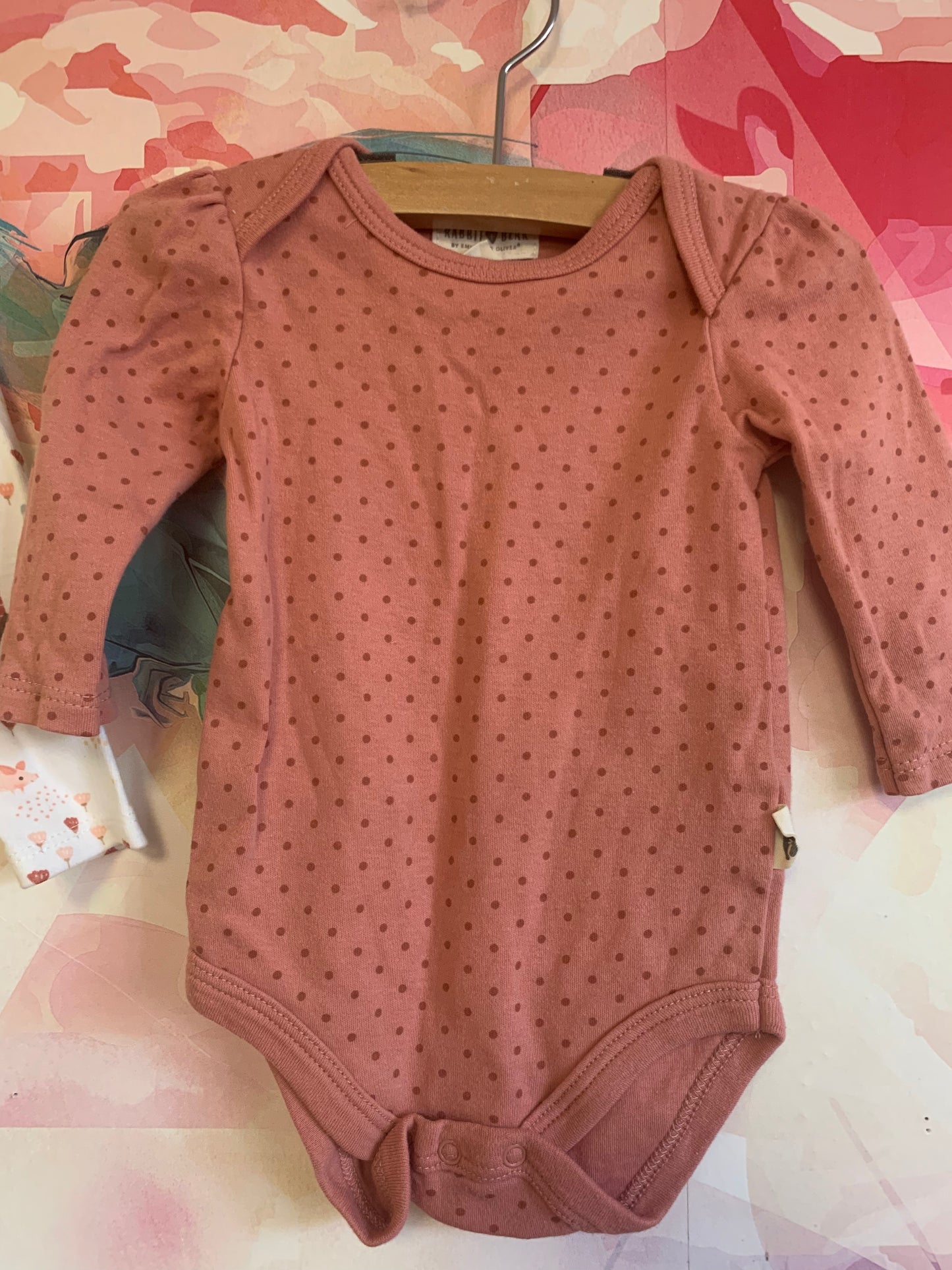 Rabbit & Bear long sleeve onesies. Pink with polka dots & white with farm animals & barns. Size 3-6m