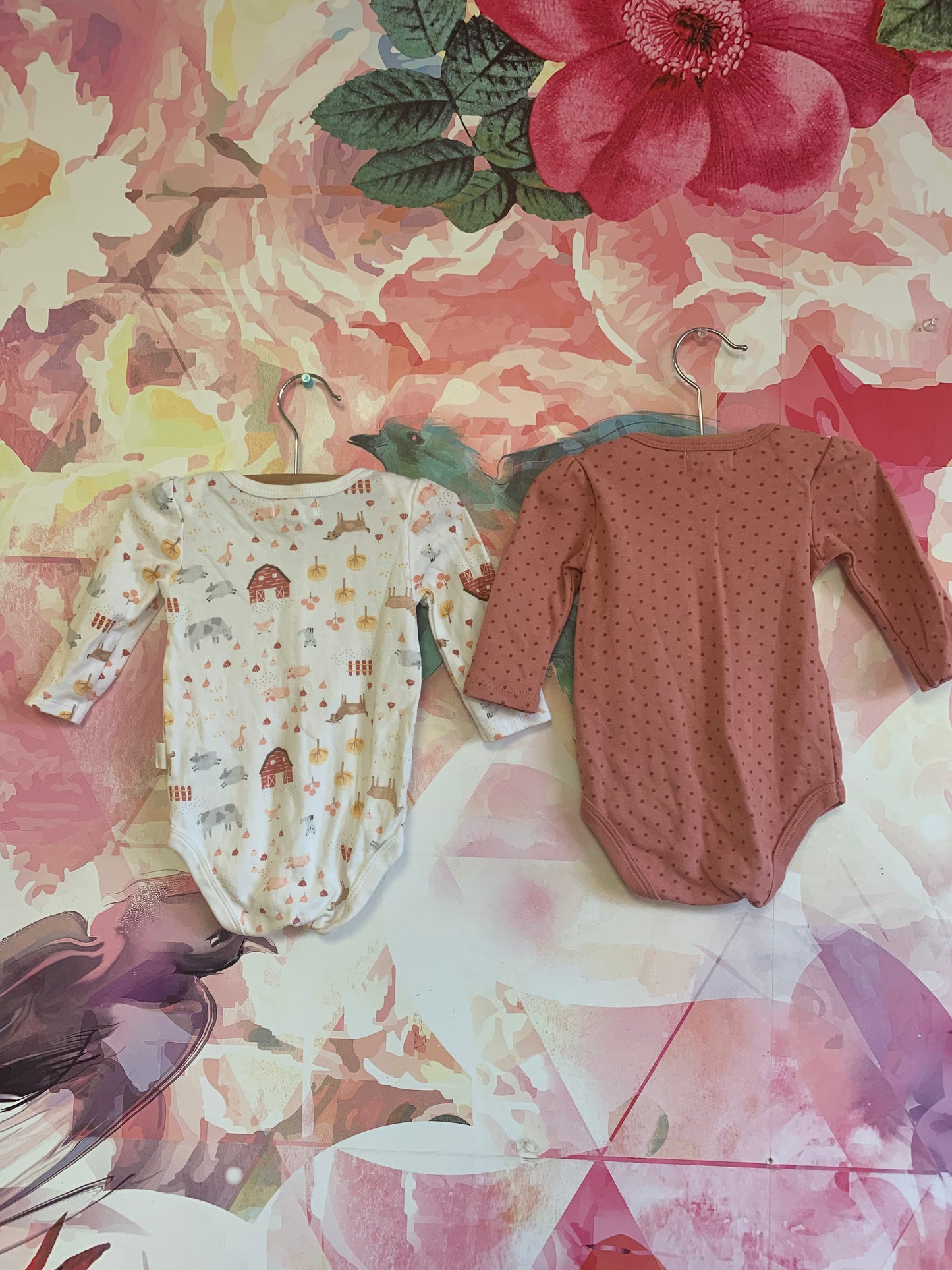 Rabbit & Bear long sleeve onesies. Pink with polka dots & white with farm animals & barns. Size 3-6m