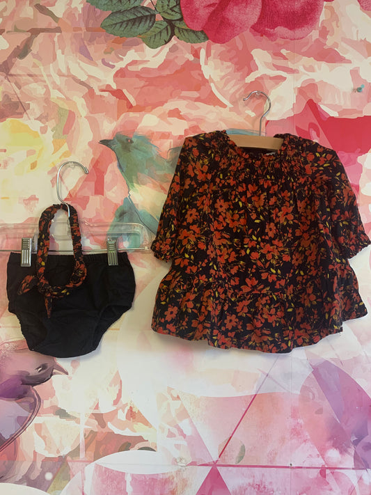 Baby Gap red black yellow dress & matching headband & black bloomers. Size 3-6m