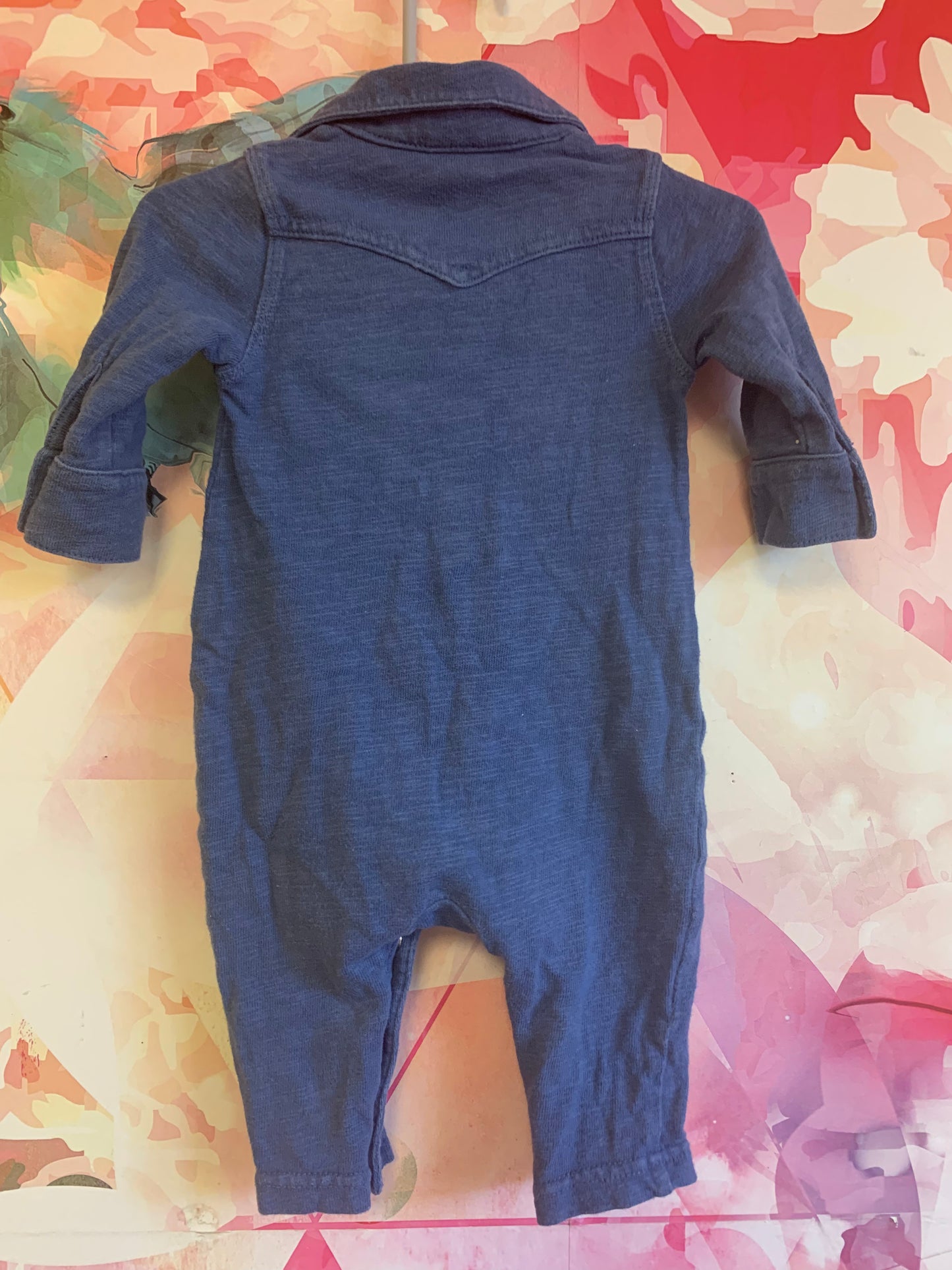 Baby Gap blue romper with pearl snaps and collar. Size 3-6m