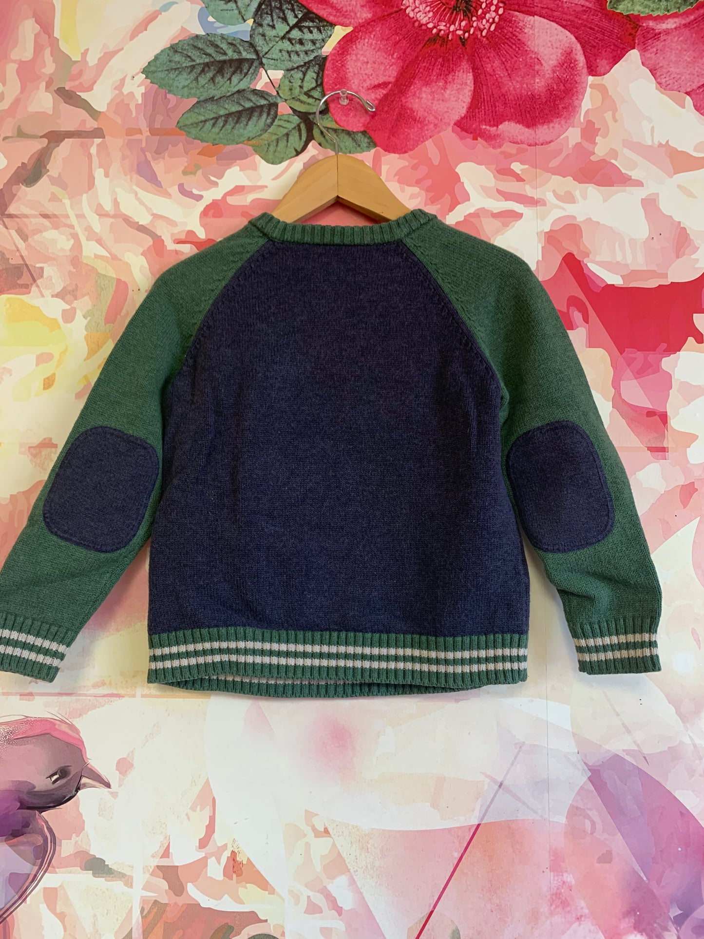 Hanna Andersson green & blue crewneck sweater with red fox. Size 4T
