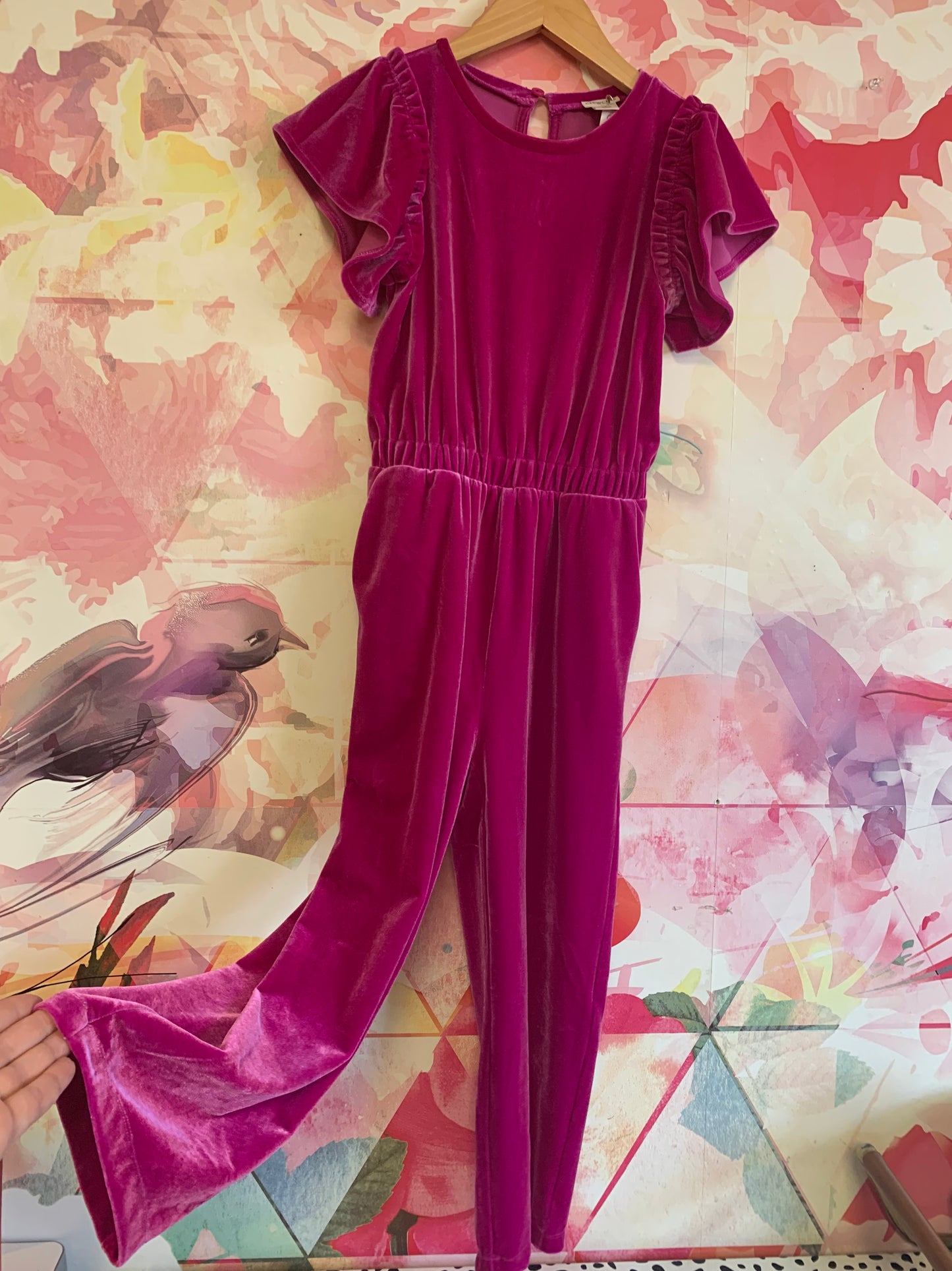 Crewcuts fuschia velour short sleeve romper with elastic waist and pockets. Size 7