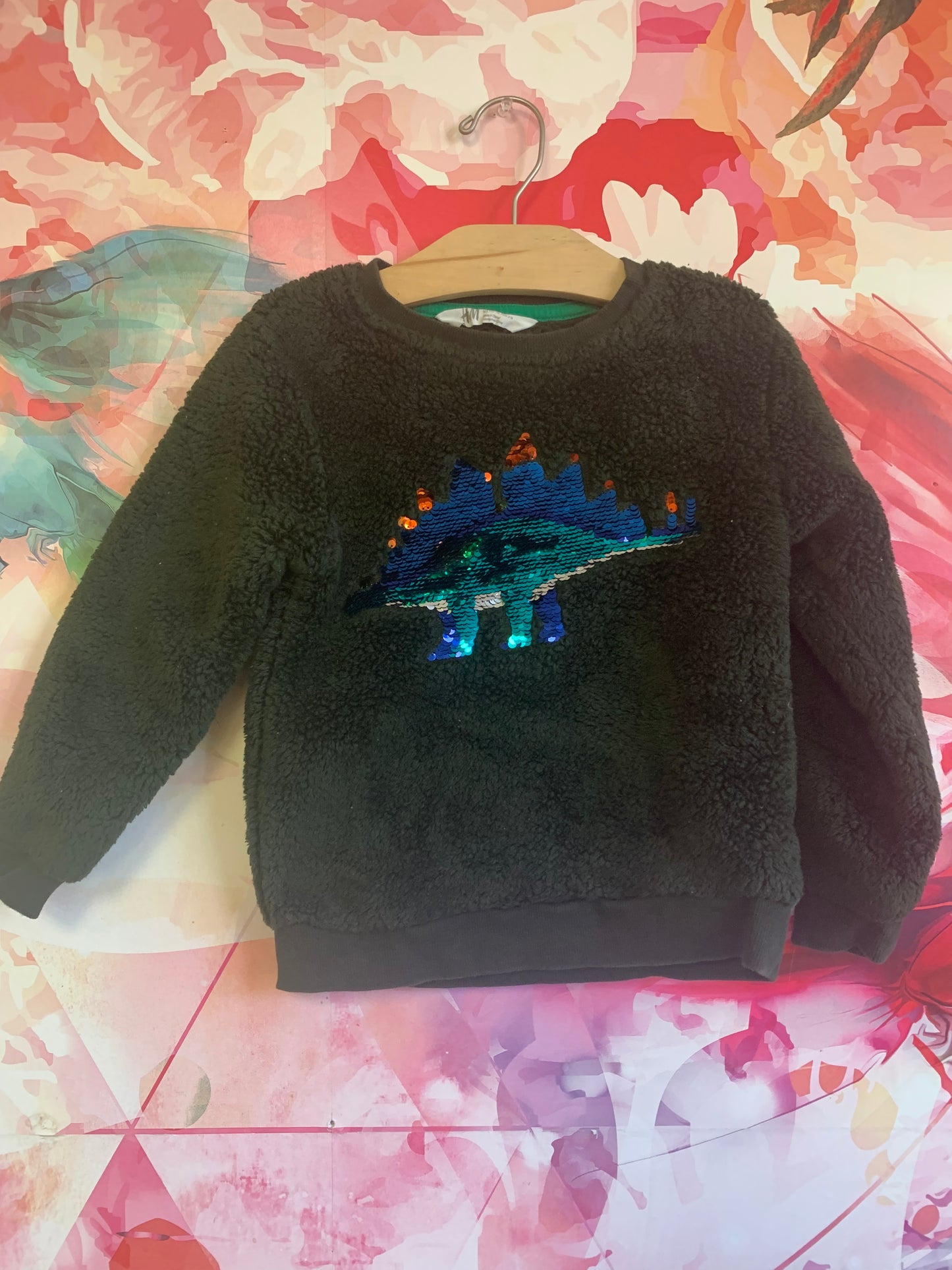H&M dark green fleece sweatshirt with blue, green, orange sequin Dino. Size 4T - 6T