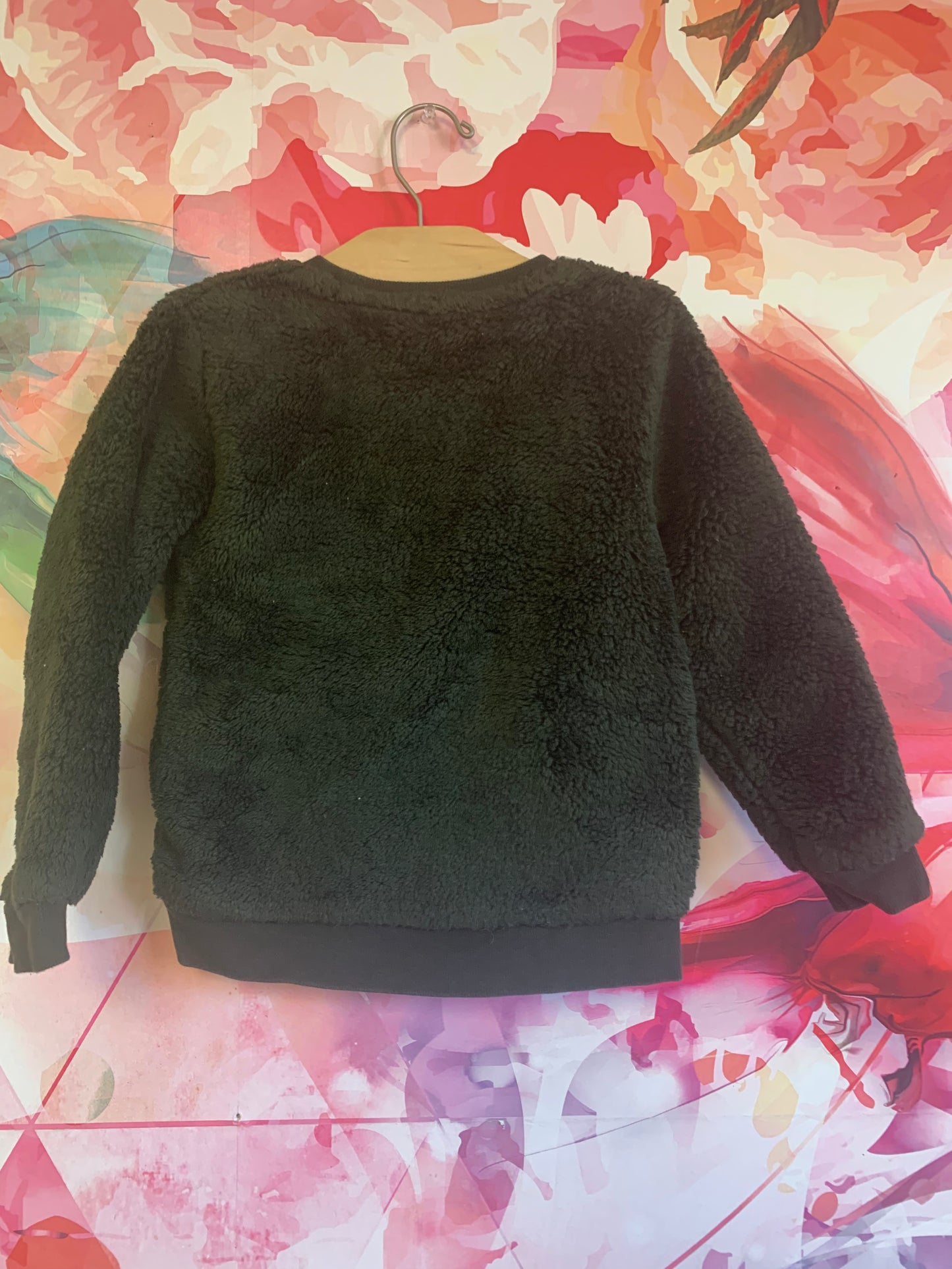 H&M dark green fleece sweatshirt with blue, green, orange sequin Dino. Size 4T - 6T