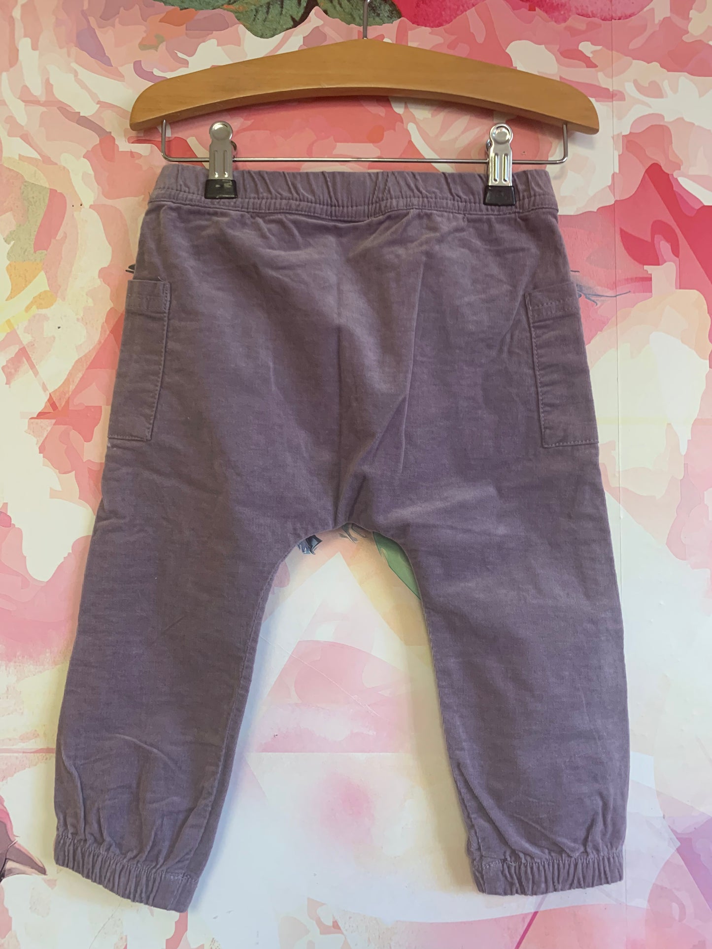 Cotton On Baby purple velour pants with elastic waist & ankles. Front pockets. Size 18-24m