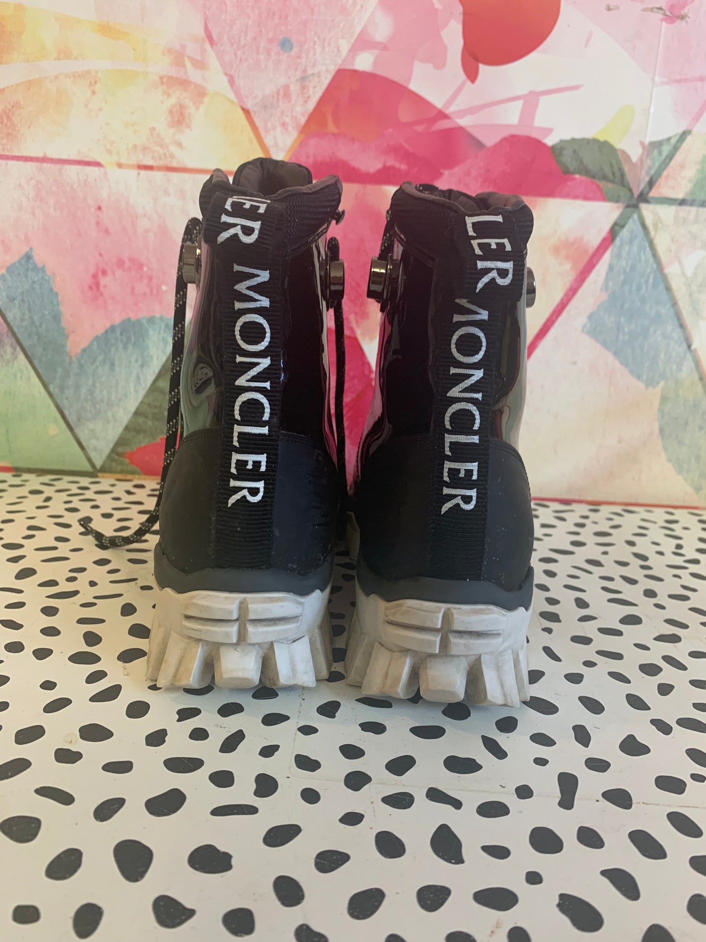 Ler Moncler black lace up boots with white treads. Size 8.5 / 39. Made in Italy.