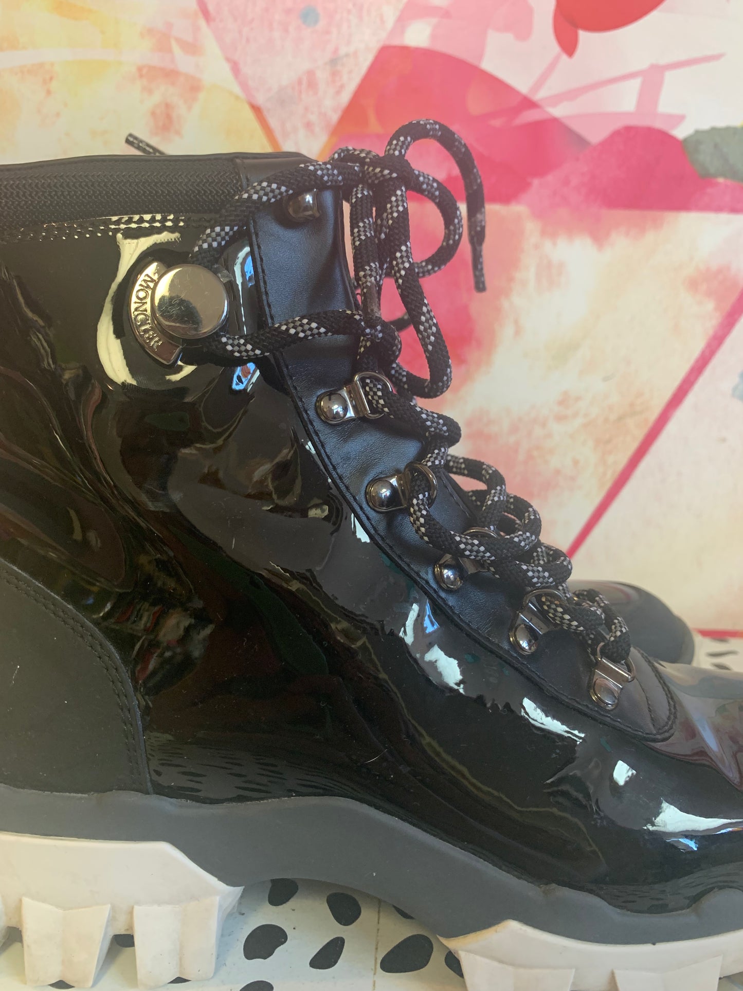 Ler Moncler black lace up boots with white treads. Size 8.5 / 39. Made in Italy.