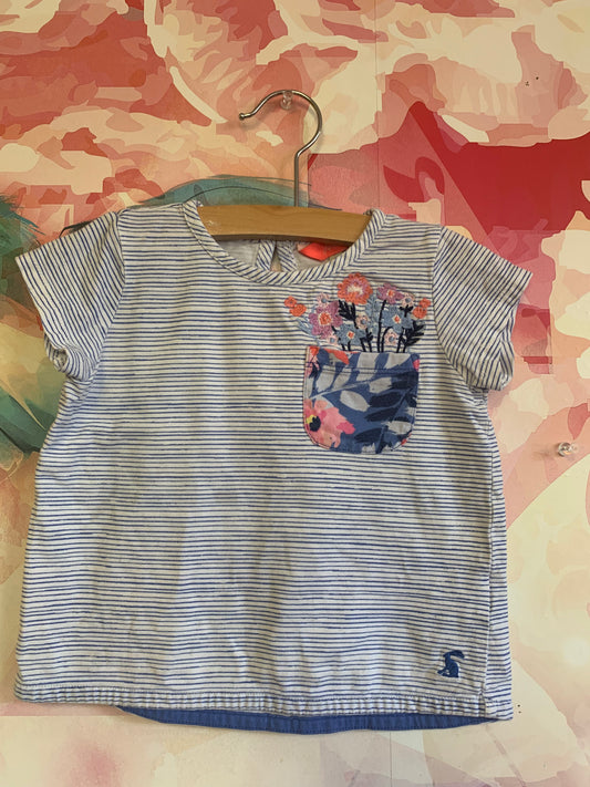 Joules blue & white stripe tshirt with embroidery flowers over pocket. Size 3T
