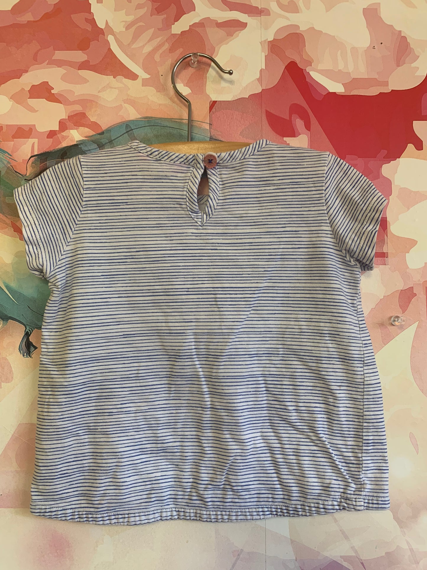 Joules blue & white stripe tshirt with embroidery flowers over pocket. Size 3T