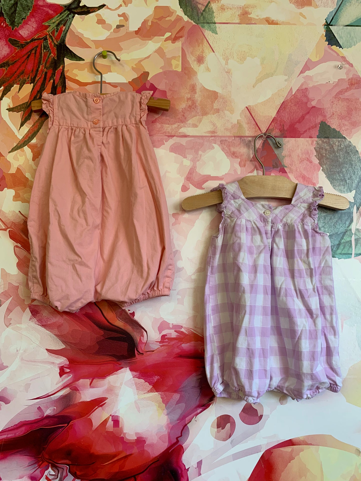 Baby Gap summer rompers. Peach with eyelet stitching on top and purple/white checkers. Both size 3-6m