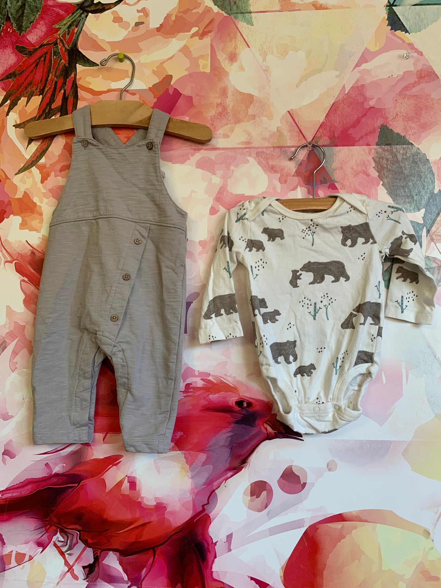 Oliver & Rain cream long sleeve onesie with brown bears and grey overalls. Both 100% cotton. Size 6m