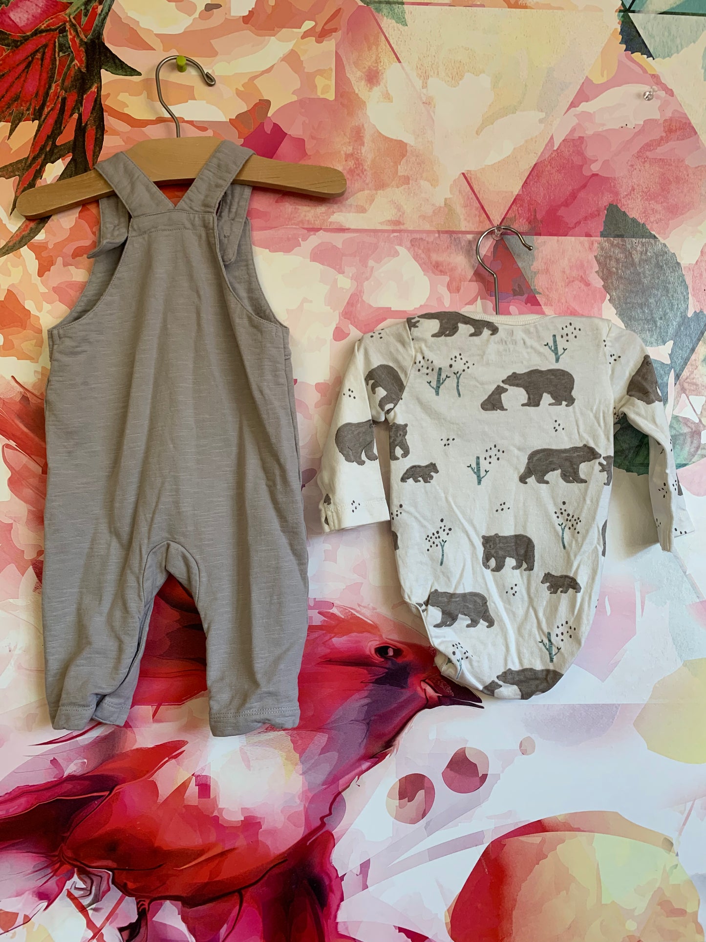 Oliver & Rain cream long sleeve onesie with brown bears and grey overalls. Both 100% cotton. Size 6m