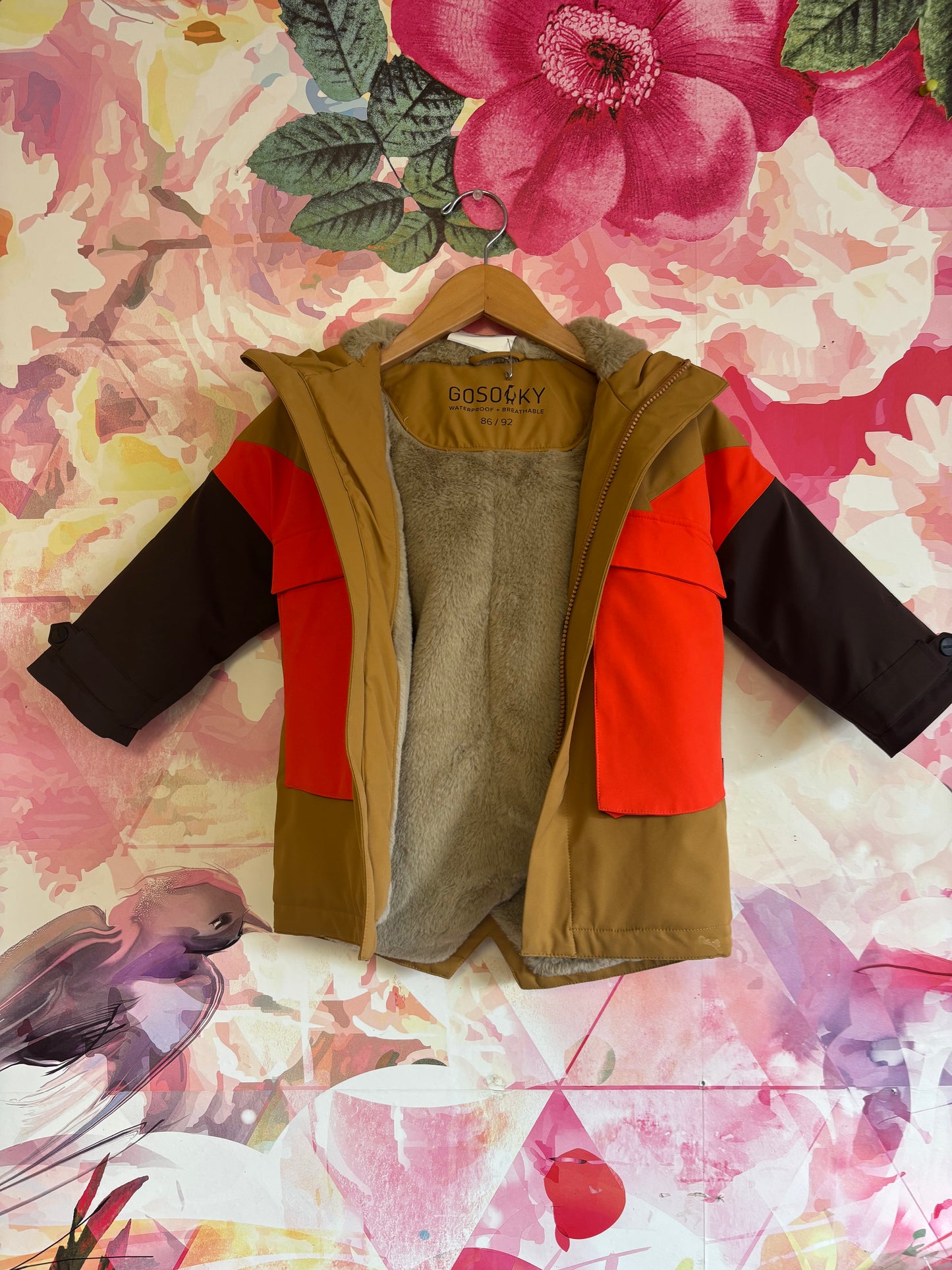 Gosoaky beige, brown and orange coat with hood. Fleece lined. Size 3T / 4T