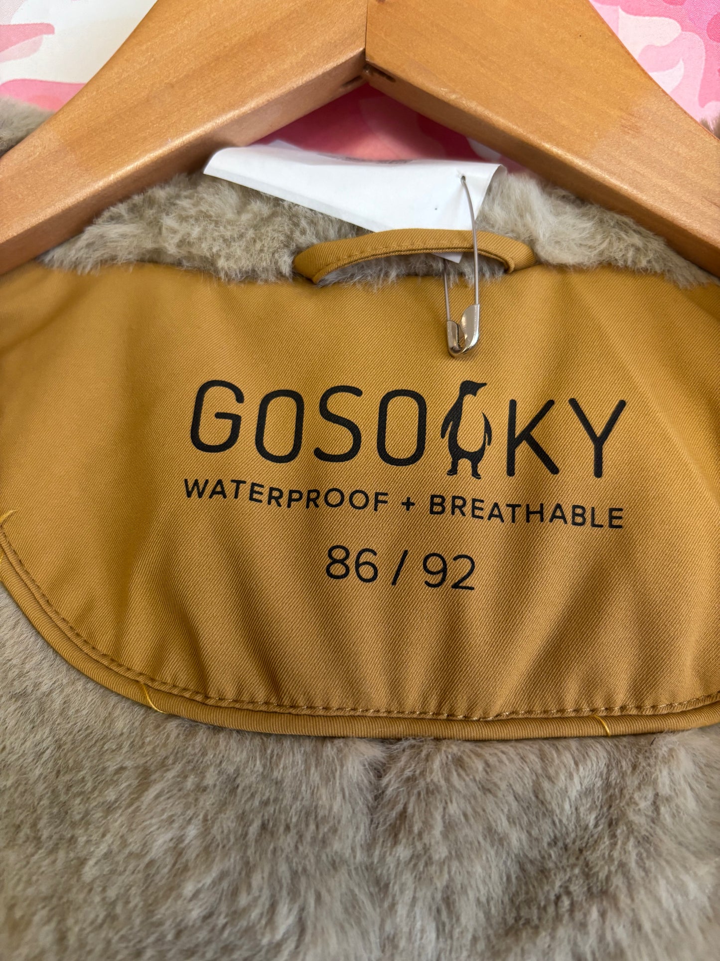Gosoaky beige, brown and orange coat with hood. Fleece lined. Size 3T / 4T