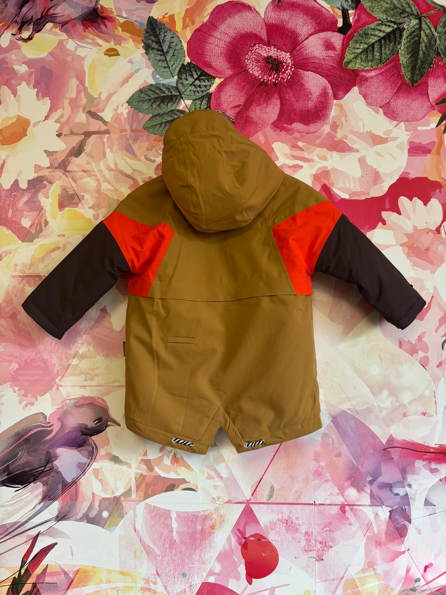 Gosoaky beige, brown and orange coat with hood. Fleece lined. Size 3T / 4T