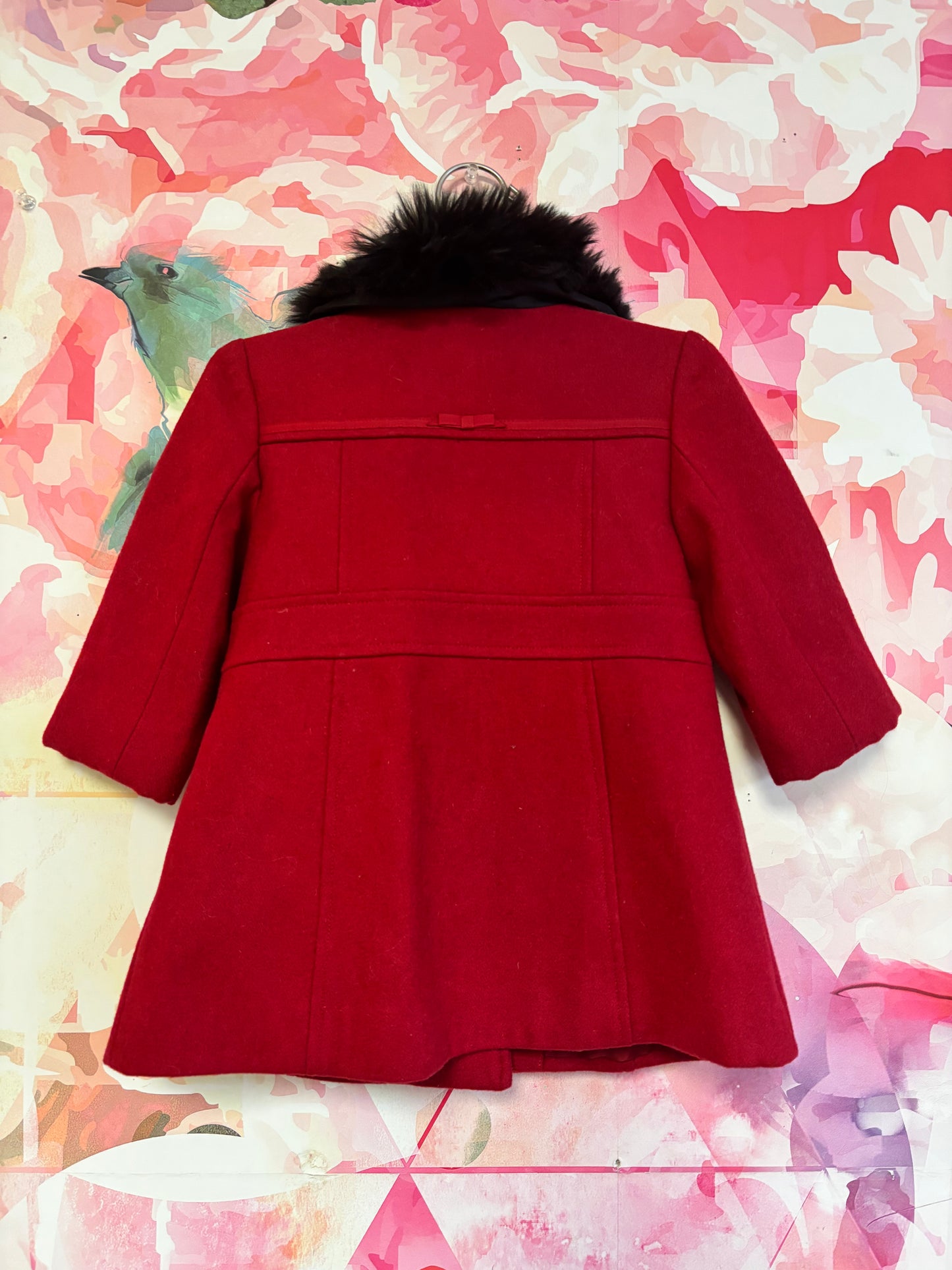 Janie & Jack red wool coat with black faux fur collar. Size 18-24m.