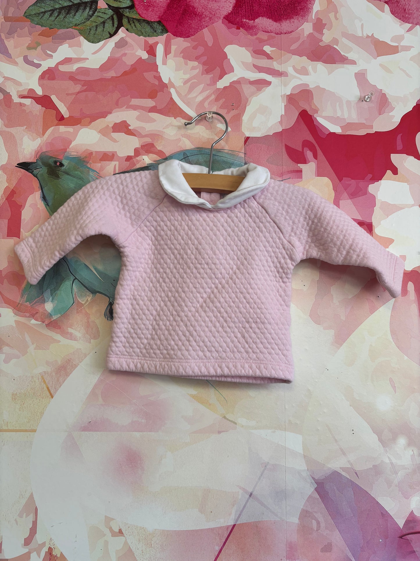 little english pink quilted long sleeve top with white Peter Pan collar. Size 6m