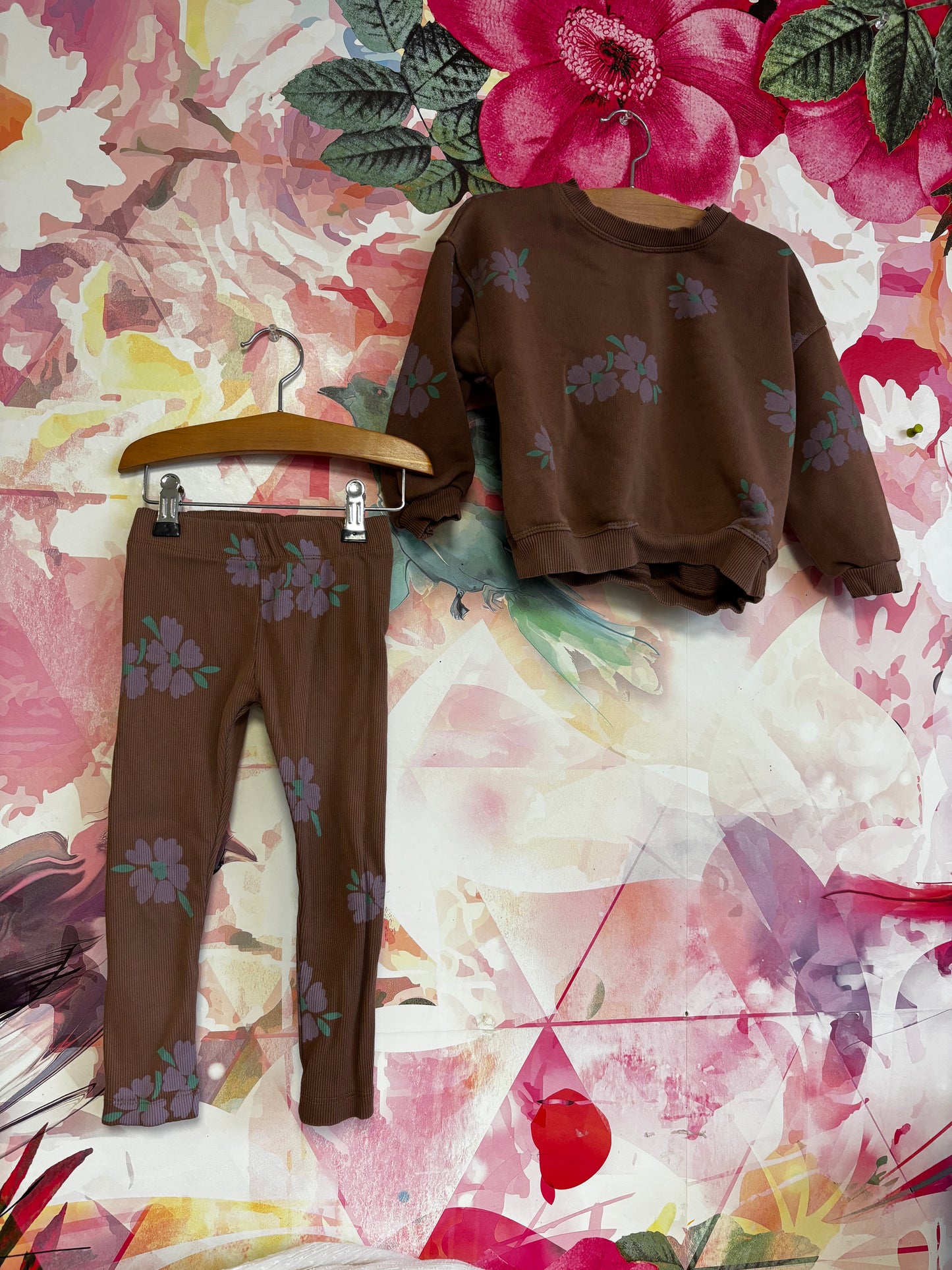 Zara brown sweatshirt and ribbed pants with purple/ green flowers. Size 4T