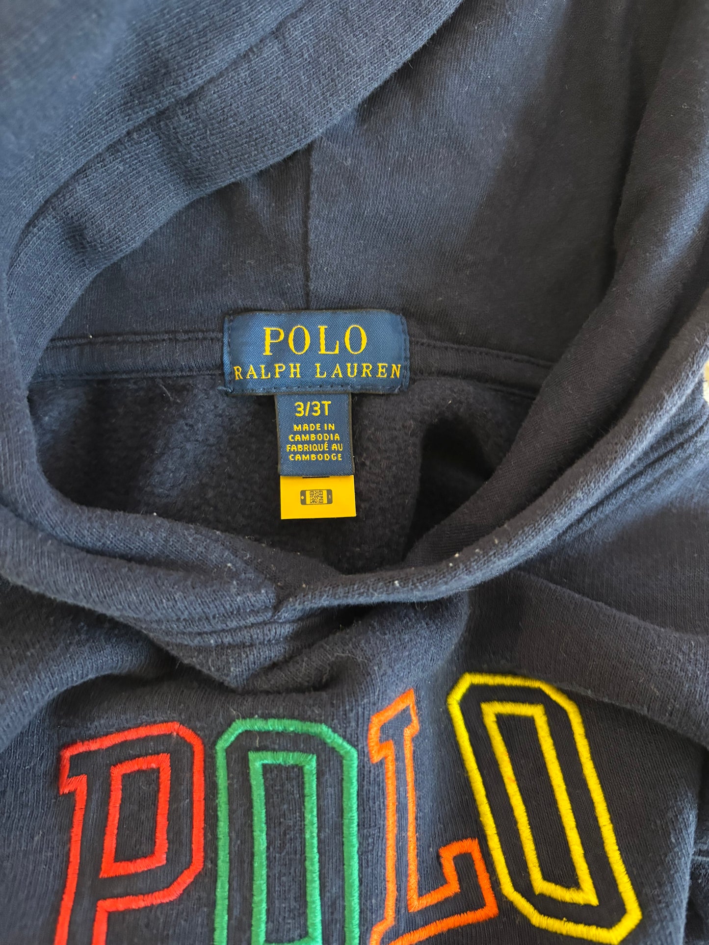 Polo Ralph Lauren navy blue hoodie with colorful logo. Size 3T
